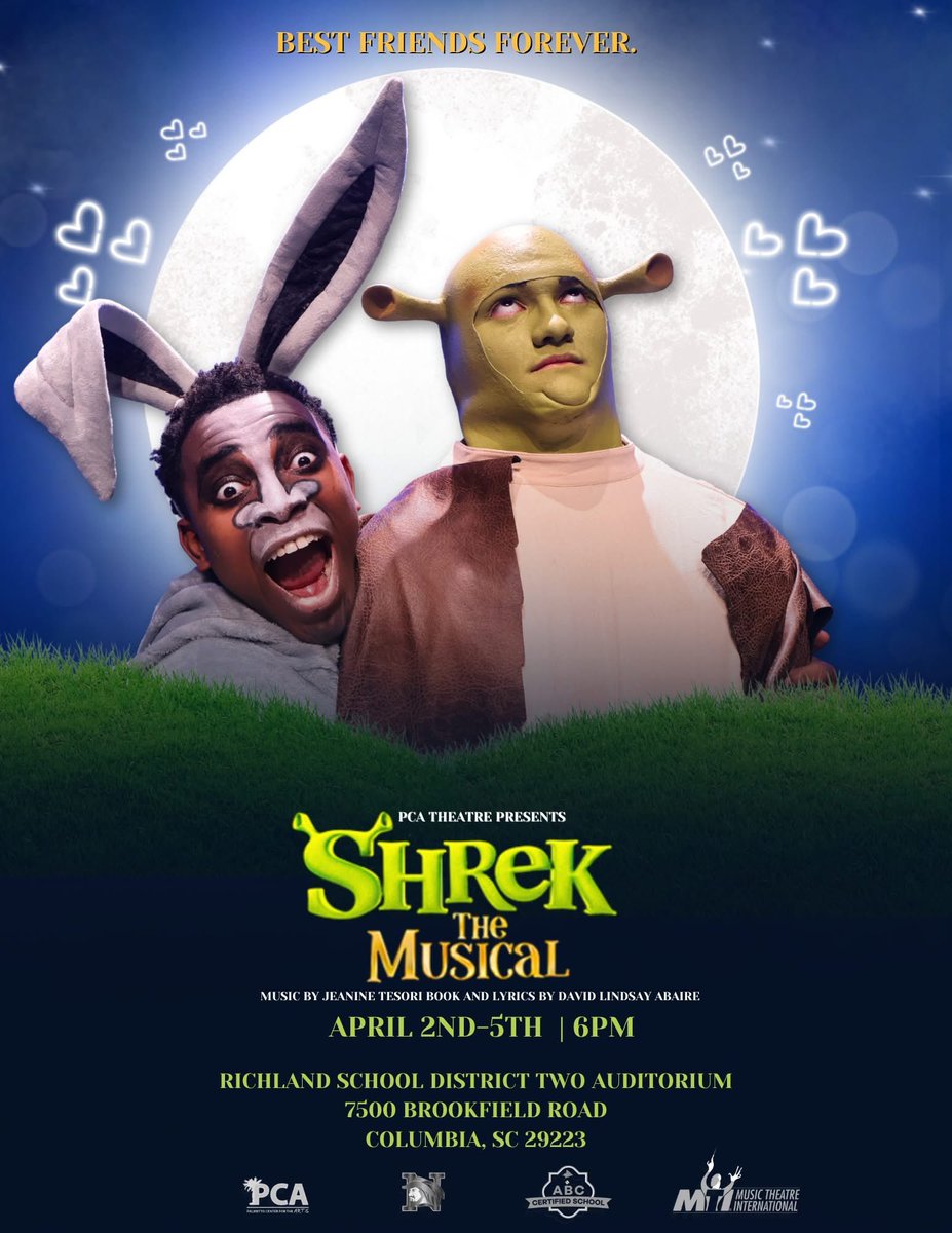 PCA (@pca_rne) on Twitter photo ππ« PCA Theatre presents... SHREK THE MUSICAL! ππ <a href="/indiracc/">Indira C-Cummings</a> <a href="/RNECavaliers/">Richland Northeast HS</a> <a href="/R2Magnets/">Barbara Turner</a> <a href="/RNESaber/">The Saber</a> <a href="/Cavplex/">Cavplex</a> <a href="/Richland2A/">Richland2Arts</a> <a href="/RichlandTwo/">Richland School District Two</a>
π
April 2ndβ5th | β° 6 PM nightly
π District Auditorium
ποΈ onthestage.tickets/show/palmetto-β¦
#ShrekTheMusical #FineArtsFriday ππ« PCA Theatre presents... SHREK THE MUSICAL! ππ <a href="/indiracc/">Indira C-Cummings</a> <a href="/RNECavaliers/">Richland Northeast HS</a> <a href="/R2Magnets/">Barbara Turner</a> <a href="/RNESaber/">The Saber</a> <a href="/Cavplex/">Cavplex</a> <a href="/Richland2A/">Richland2Arts</a> <a href="/RichlandTwo/">Richland School District Two</a>
π
April 2ndβ5th | β° 6 PM nightly
π District Auditorium
ποΈ onthestage.tickets/show/palmetto-β¦
#ShrekTheMusical #FineArtsFriday