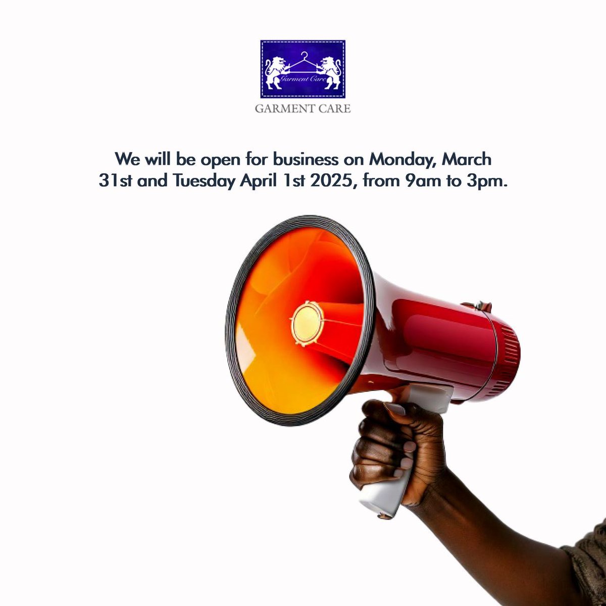 We will be open for business on Monday, March 31st and Tuesday April 1st, from 9am to 3pm only. Normal business activities resume Wednesday, 2nd April 2025.