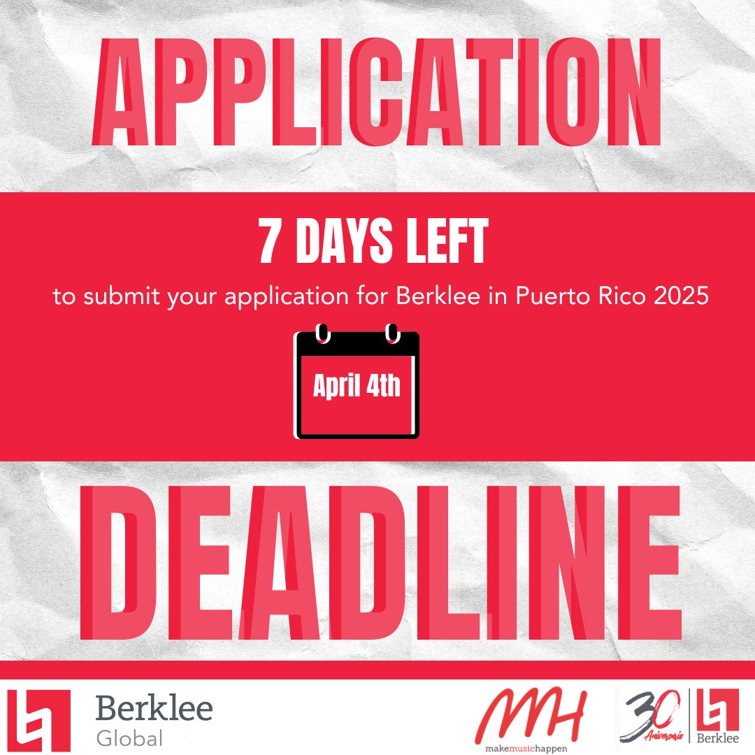 🎶 ATTENTION MUSICIANS IN PUERTO RICO! 🇵🇷
Applications for the 2025 Berklee en Puerto Rico program are closing soon!
This year we celebrate the 30th anniversary of the Berklee program in Puerto Rico.

Apply now here: berklee.edu/berkleeonthero…
#puertorico #caguas #berklee