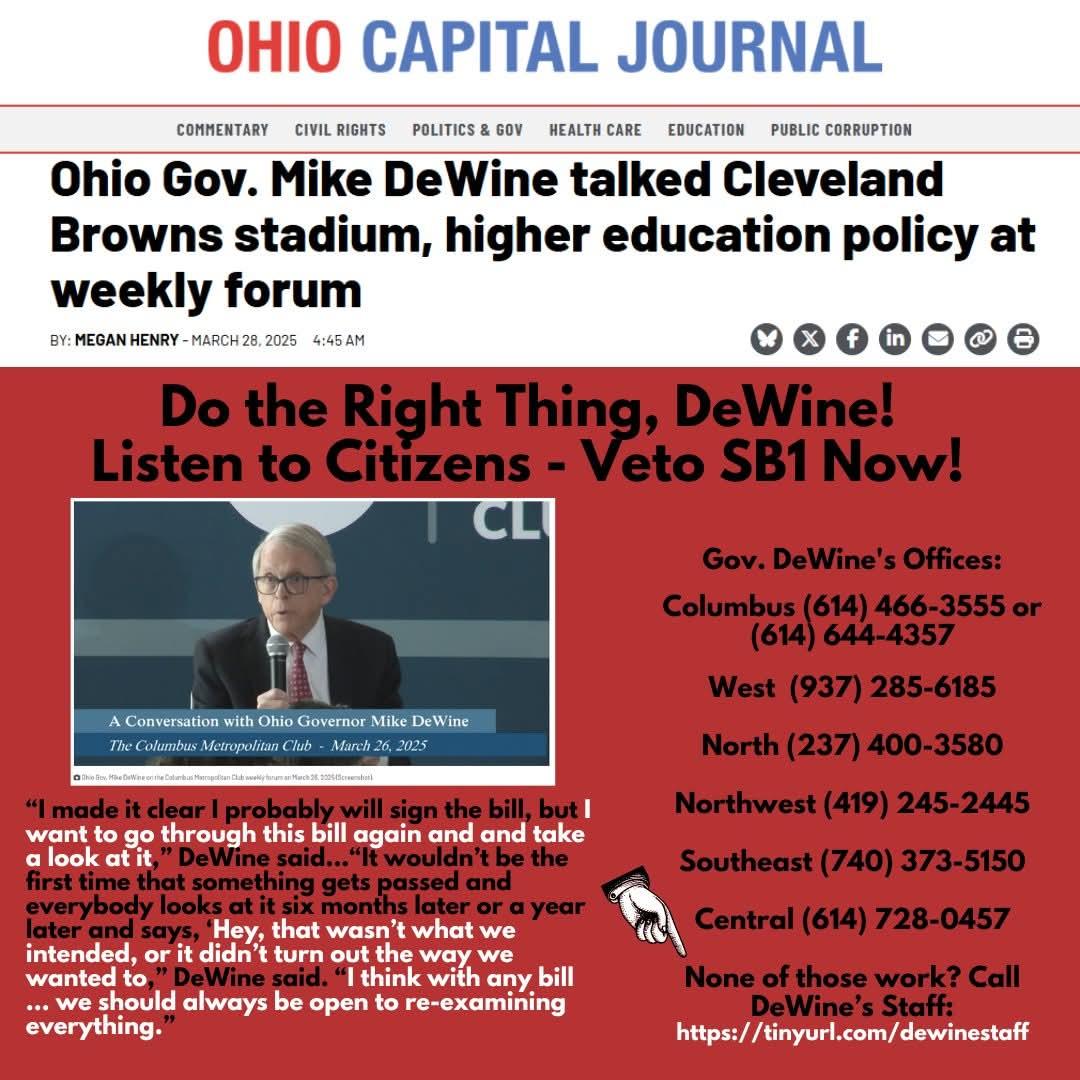 Interesting quote from Governor DeWine......

Keep calling and telling him to VETO #Ohio SB 1. 
Keep sharing articles and tagging Gov DeWine (and his staff): tinyurl.com/DeWineStaff
