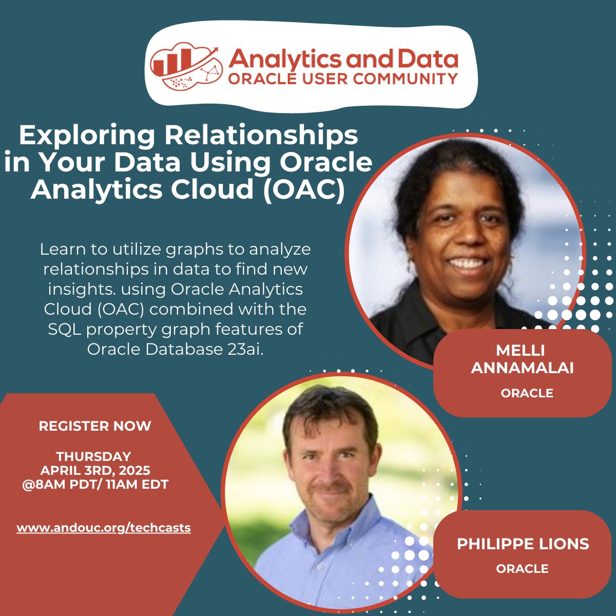 Everybody's got hierarchical / self-referential relationships! Best way to explore them? Oracle Analytic Cloud (OAC) in combo w/ 23ai SQL Property Graph features. Explore possibilities with experts Melli Annamalai &amp; Philippe Lions @ our April 3rd TechCast: us02web.zoom.us/webinar/regist…