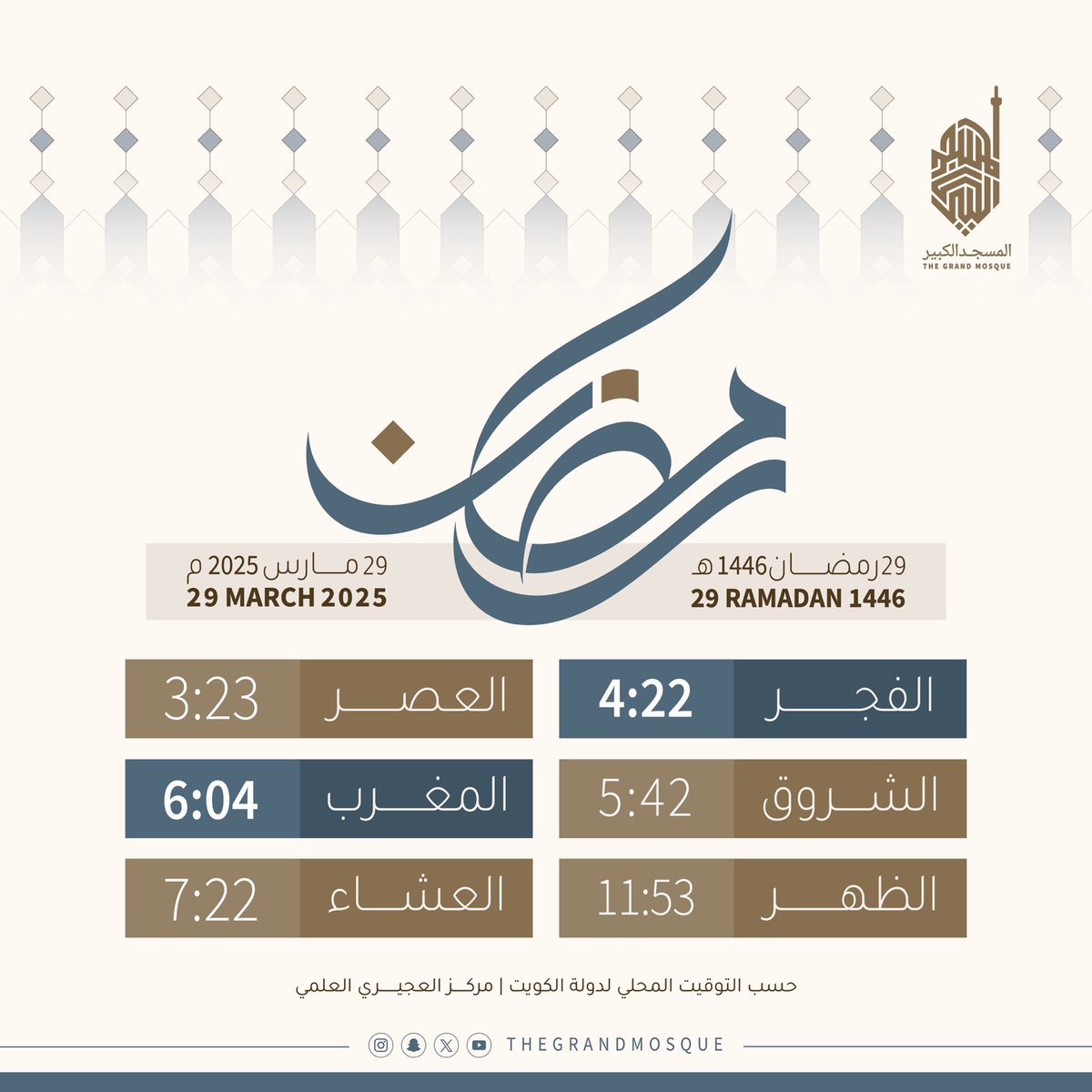 مواقيت الصلاة ليوم 
السبت  29/3/2025 |
 ٢٩ رمضـان ١٤٤٦ هـ ، .
#دولة_الكويت #المسجد_الكبير #رمضان