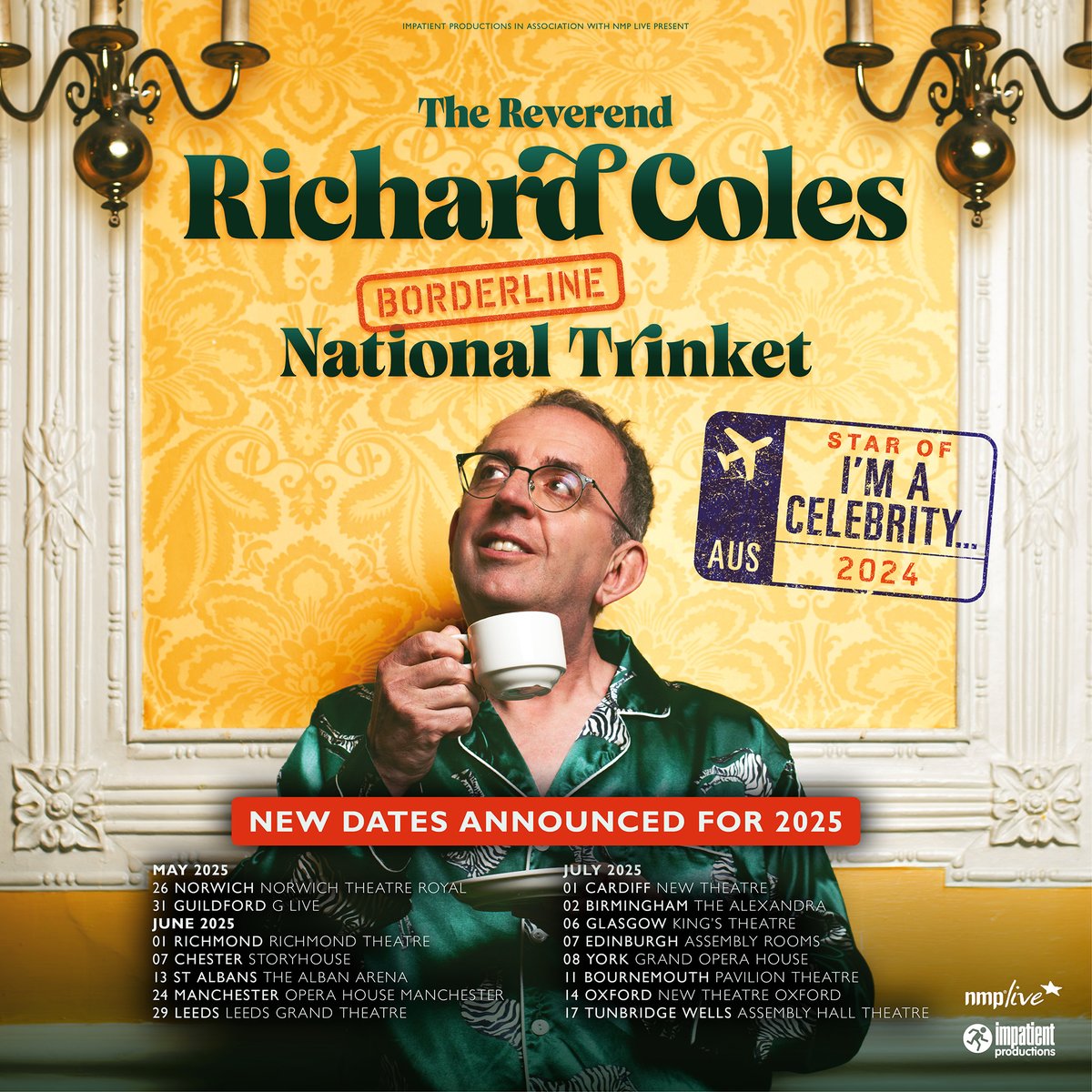NMP Live (@nmplive) on Twitter photo We are thrilled to announce that writer, broadcaster, podcaster, author and <a href="/imacelebrity/">I'm A Celebrity...</a> runner up <a href="/RevRichardColes/">Richard Coles</a> is taking #BorderlineNationalTrinket back out on the road for a limited run of dates across the UK. Link below for dates and tickets 👇
richardcoles.com/live/ We are thrilled to announce that writer, broadcaster, podcaster, author and <a href="/imacelebrity/">I'm A Celebrity...</a> runner up <a href="/RevRichardColes/">Richard Coles</a> is taking #BorderlineNationalTrinket back out on the road for a limited run of dates across the UK. Link below for dates and tickets 👇
richardcoles.com/live/