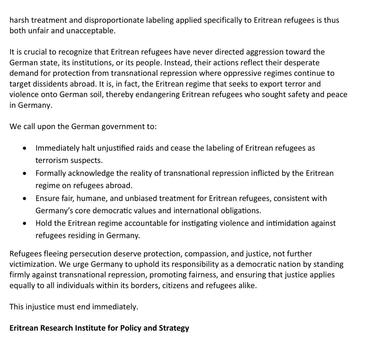 mkheirom's tweet photo. ERIPS   @OfficialErips   strongly condemns the recent unjust and unfair actions taken by German authorities  against Eritrean refugees residing in Germany. The ongoing targeting and classification of  these refugees as terrorism suspects is deeply troubling and must cease immediately.