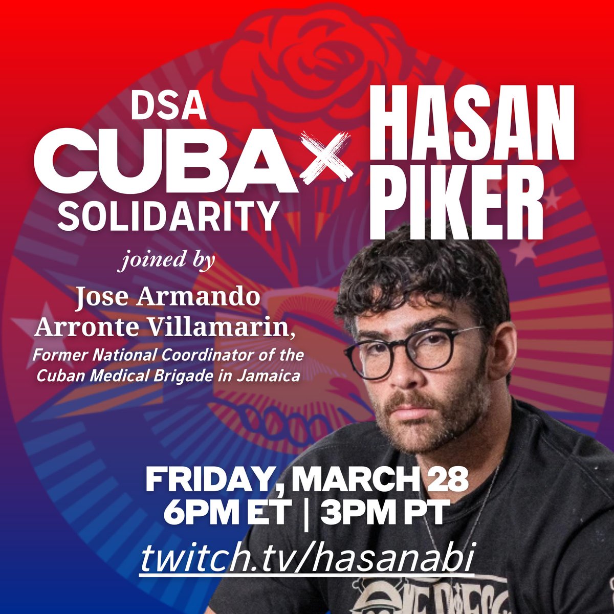 🚨 I will be joining <a href="/hasanthehun/">hasanabi</a>'s stream today at 6pm ET along with Dr. Jose Villamarin, a Cuban doctor and veteran of Cuba's medical missions to talk about the Trump/Rubio attack on these missions, the wider U.S. blockade, and how <a href="/DSACuba/">DSA Cuba Solidarity 🌹🇨🇺</a> is fighting against it!