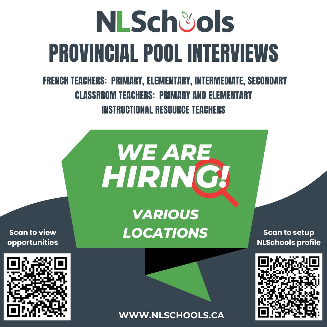 NLSchools is conducting provincial pool interviews for positions across NL: French Teachers, Primary/Elementary/Secondary Classroom Teachers, English Additional Language Teachers, and IRTs. Come join our team and make a difference. Deadline is April 10th  bit.ly/3QqllTf