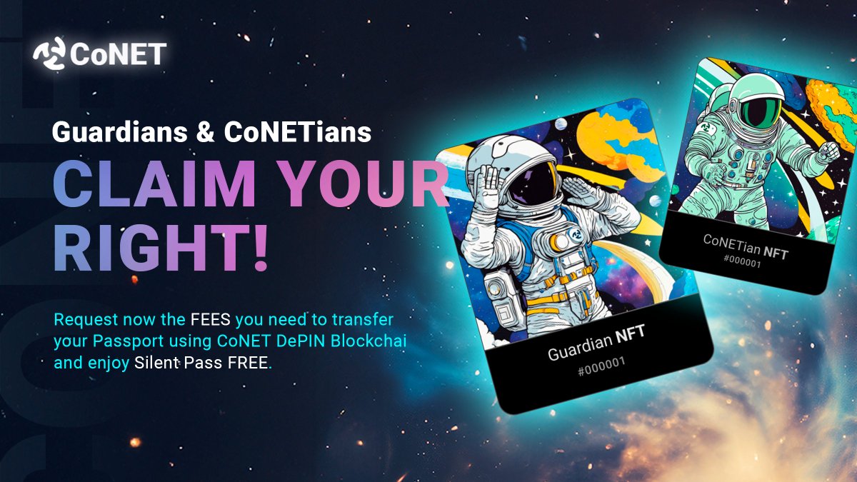 🎉 Attention Guardians &amp; CoNETians!

You can now claim $ETH on the CoNET Network as a reward for using Silent Pass!

This $ETH can be used to cover gas fees when transferring your Silent Pass Passport NFT from the CoNET platform to your Silent Pass wallet — unlocking free access