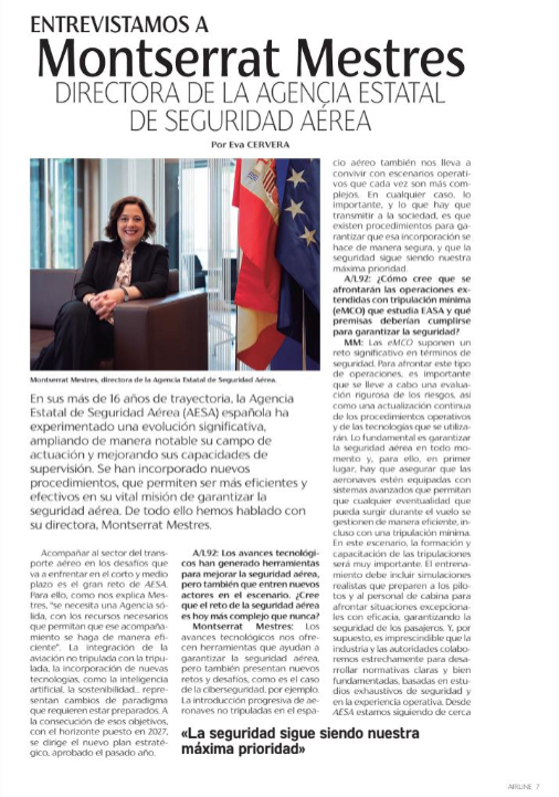 AesaSpain's tweet photo. 👥Nuevas tecnologías, #UAS #Uspace, o retos en seguridad aérea ✈️ @airline921 entrevista a Montserrat Mestres, Dirª de @AesaSpain, para su #RevistaAirlineNinetyTwo

Mestres ha destacado la evolución de #AESA estos años y la incorporación de procedimientos para ser más eficientes. https://t.co/S78EOqbFEB