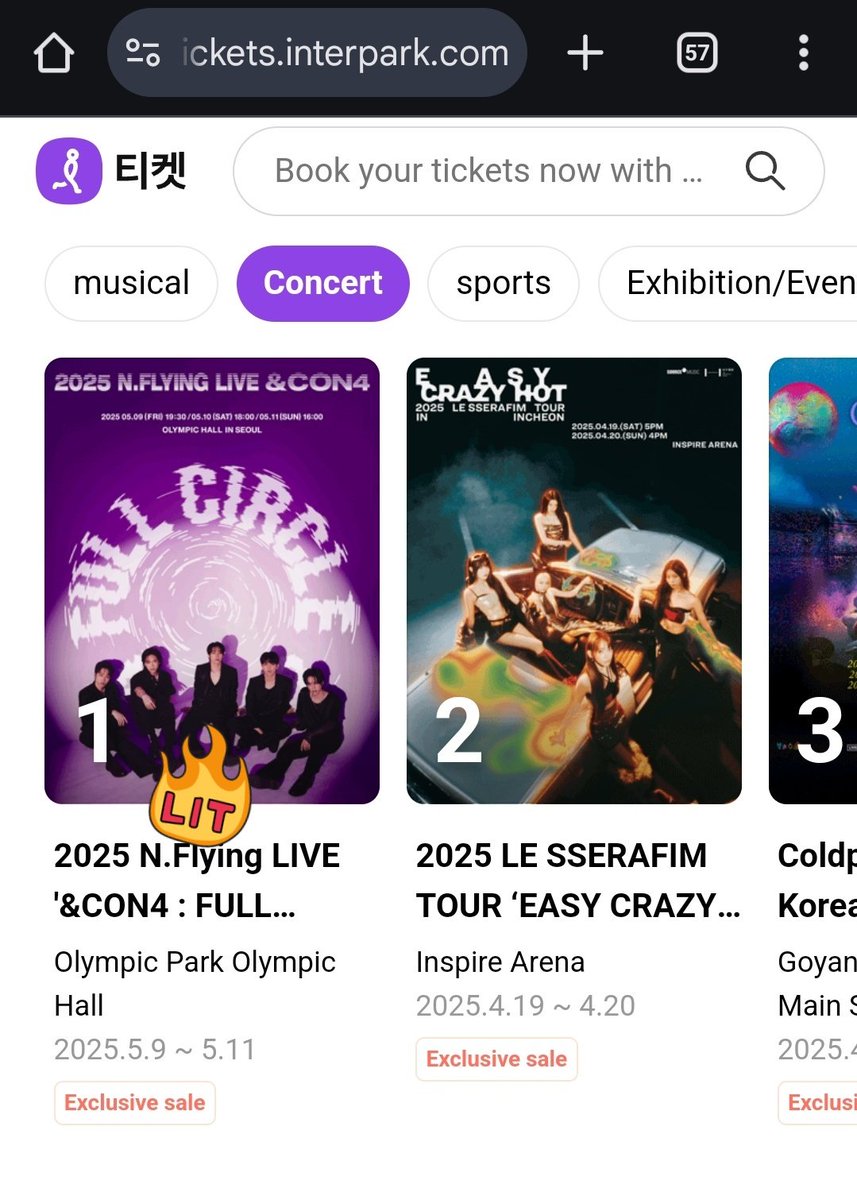 NFiaofficial's tweet photo. N.Flying &amp;CON4 concert rose to 1st place daily ranking Interpark Ticket in Music Concert Category  🔥👏🥹👍

#NFlying #엔플라잉 #엔콘 #FULL_CIRCLE @NFlyingofficial https://t.co/kffuKrIJxd