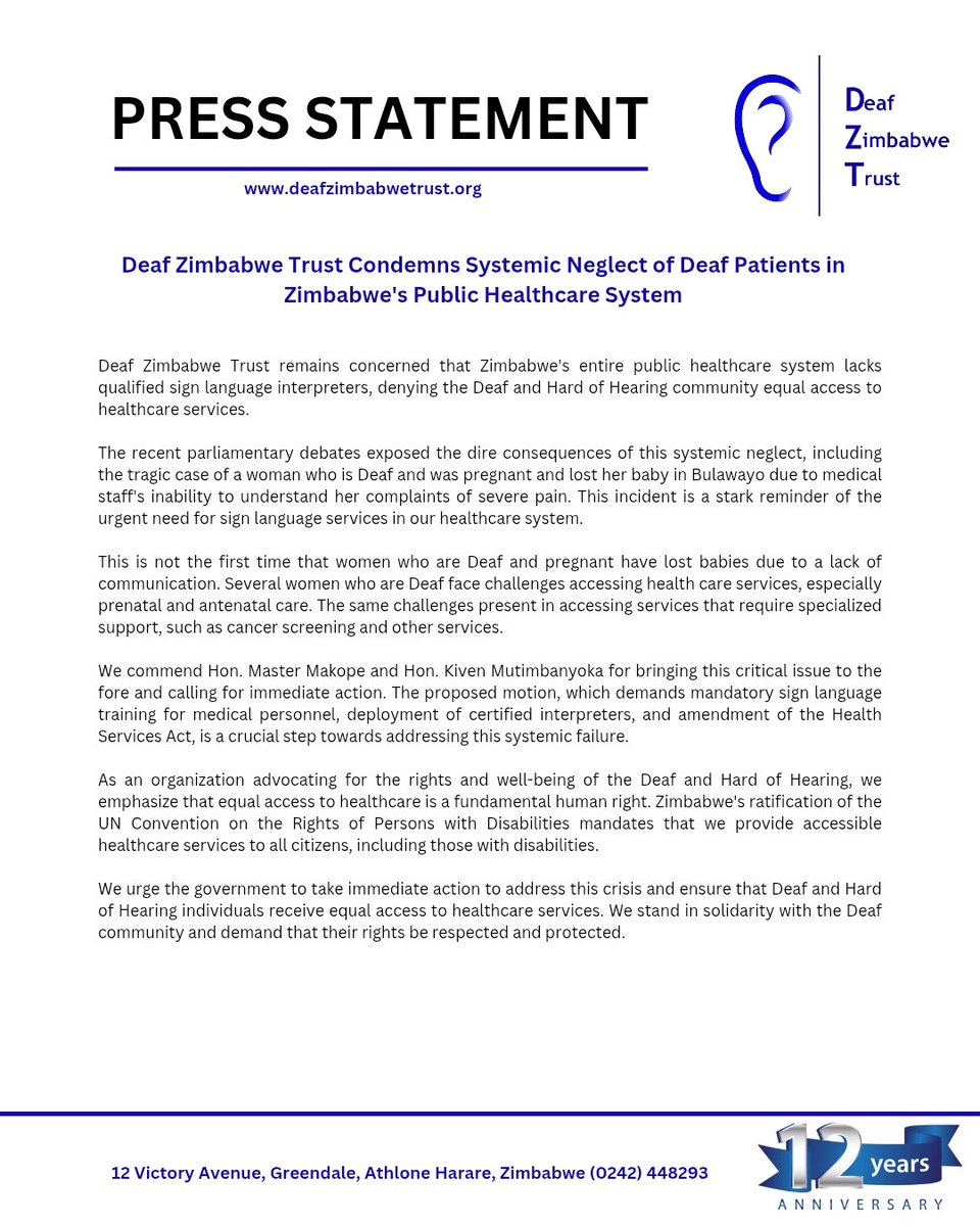 Deaf Zimbabwe Trust (@deafzimtrust) on Twitter photo Deaf Zimbabwe Trust condemns systemic neglect of Deaf Patients in
Zimbabwe's Public Healthcare System.
<a href="/263Chat/">263Chat.com ๐ฟ๐ผ</a> <a href="/HeraldZimbabwe/">The Herald Zimbabwe</a> <a href="/nangozimbabwe/">NANGO Zimbabwe</a> <a href="/molokele/">Fortune Daniel Molokele</a> <a href="/NewZimbabweCom/">NewZimbabwe.com</a> <a href="/ParliamentZim/">Parliament of Zimbabwe</a> <a href="/OpenParlyZw/">Open Parly ZW</a> <a href="/MoHCCZim/">Ministry of HealthZW</a> <a href="/zhrc365/">Zimbabwe Human Rights Commission</a> <a href="/capitalkfm/">Capitalk100.4fm</a> <a href="/StarfmZimbabwe/">Star FM</a> <a href="/DailyNewsZim/">DailyNewsZim</a> <a href="/ZBCNewsonline/">ZBC News Online</a> Deaf Zimbabwe Trust condemns systemic neglect of Deaf Patients in
Zimbabwe's Public Healthcare System.
<a href="/263Chat/">263Chat.com ๐ฟ๐ผ</a> <a href="/HeraldZimbabwe/">The Herald Zimbabwe</a> <a href="/nangozimbabwe/">NANGO Zimbabwe</a> <a href="/molokele/">Fortune Daniel Molokele</a> <a href="/NewZimbabweCom/">NewZimbabwe.com</a> <a href="/ParliamentZim/">Parliament of Zimbabwe</a> <a href="/OpenParlyZw/">Open Parly ZW</a> <a href="/MoHCCZim/">Ministry of HealthZW</a> <a href="/zhrc365/">Zimbabwe Human Rights Commission</a> <a href="/capitalkfm/">Capitalk100.4fm</a> <a href="/StarfmZimbabwe/">Star FM</a> <a href="/DailyNewsZim/">DailyNewsZim</a> <a href="/ZBCNewsonline/">ZBC News Online</a>