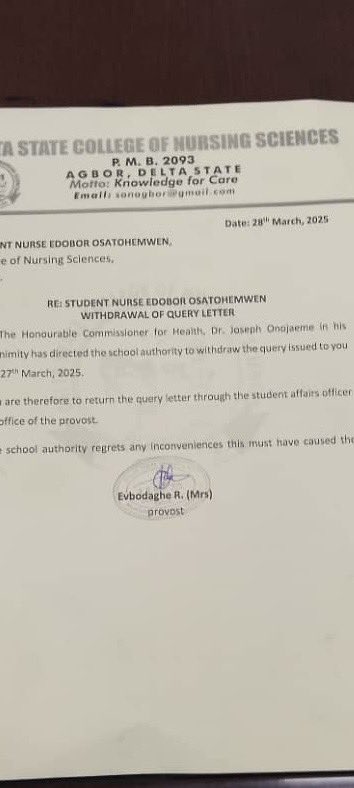 sowore's tweet image. After a team led by @ife_dike met with Nurse Osato Edobor on the campus of Delta State Colleges of Nursing Sciences, 
I spoke with the Delta State Commissioner of Health, who confirmed that the state has reversed the initial letter of  recommendation to penalize her for sharing…
