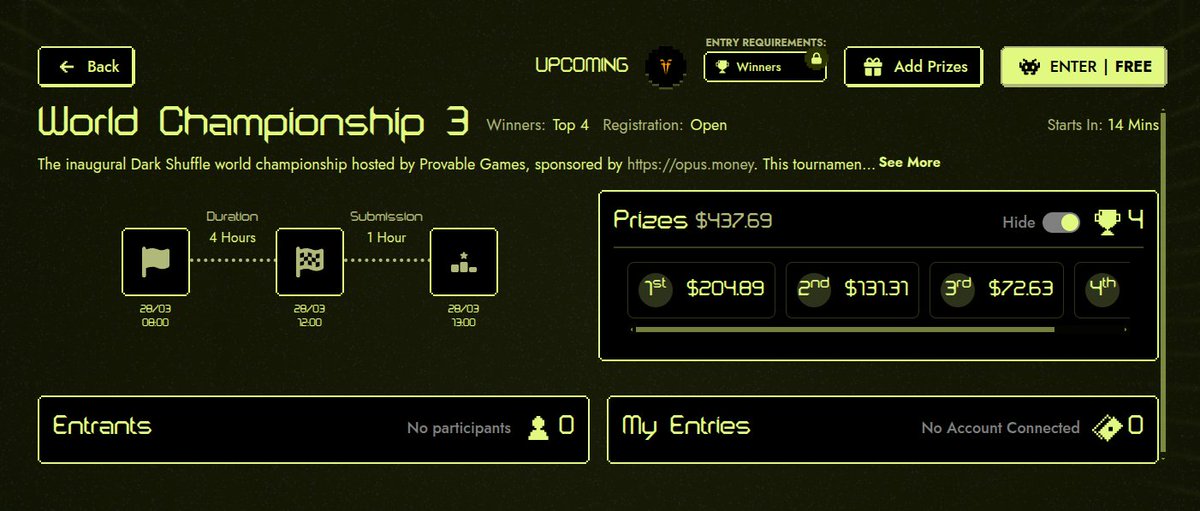 budokan_gg (@budokan_gg) on Twitter photo The quarterfinals scores for <a href="/darkshuffle_gg/">Dark Shuffle</a> have been recorded with the contract and will be finalized in 15mins, allowing those four contestants to enter the final round of the DS World Championship!
glhf players The quarterfinals scores for <a href="/darkshuffle_gg/">Dark Shuffle</a> have been recorded with the contract and will be finalized in 15mins, allowing those four contestants to enter the final round of the DS World Championship!
glhf players