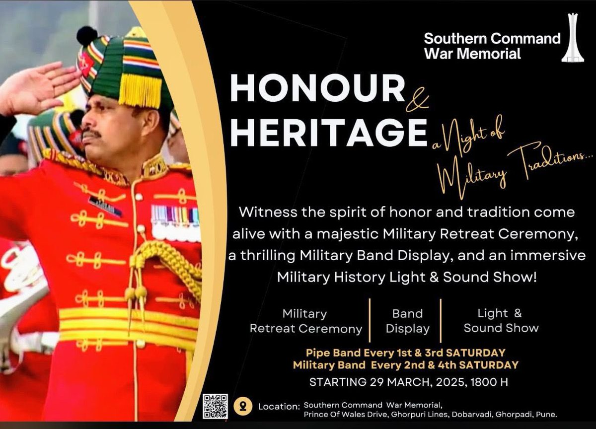 IaSouthern's tweet photo. #EchoesOfValour – A Grand Military Experience Awaits You!
#Punekars, get ready to witness the pride and grandeur of military tradition! Join us at the #SouthernCommand War Memorial every Saturday for an unforgettable evening featuring a Military Retreat, #BandDisplay and a mesmerising Light & Sound Show.
📅 Starting from: 29th March 2025 | ⏰ Time: 6:00 PM
📍 Location: Southern Command War Memorial, Prince of Wales Drive, Ghorpadi Lines, Dobarvadi, Ghorpadi, Pune
▪️Event Schedule:
✔️ Pipe Band Display – Every 1st & 3rd Saturday
✔️ Military Band Display – Every 2nd & 4th Saturday
Come and experience the power, discipline and glory of our armed forces! Don’t miss this spectacular showcase of Military Excellence.
#SouthernCommand #MilitaryTradition #PuneEvents #LightAndSoundShow #BandDisplay #Punekars #IndianArmy @PRODefPune @adgpi