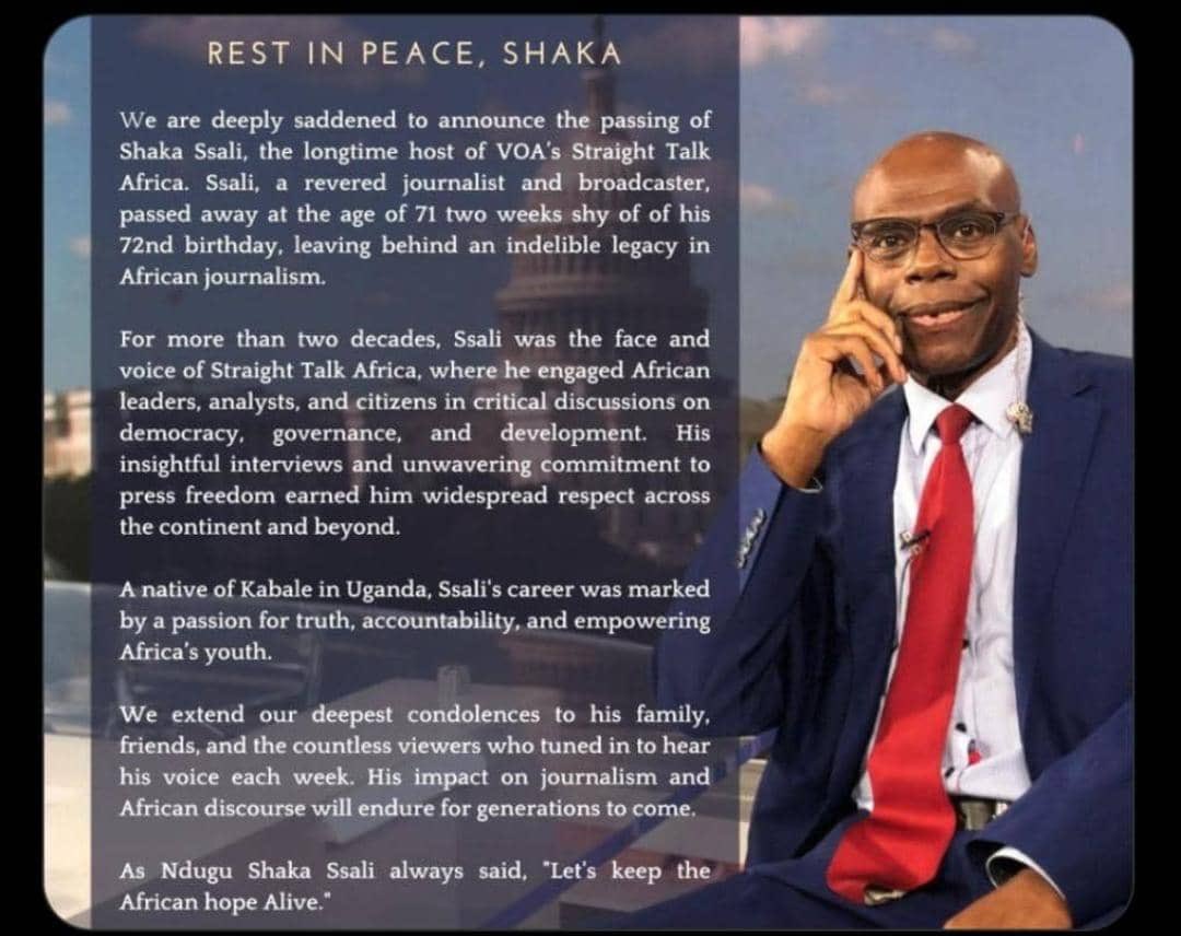 HopeJudith9's tweet image. RIP Shaka Ssali! Proud to have shared a nationality with this legendary journalist who empowered Africans through his work. His legacy will continue to inspire generations #ShakaSsali #RIP #UgandanLegend