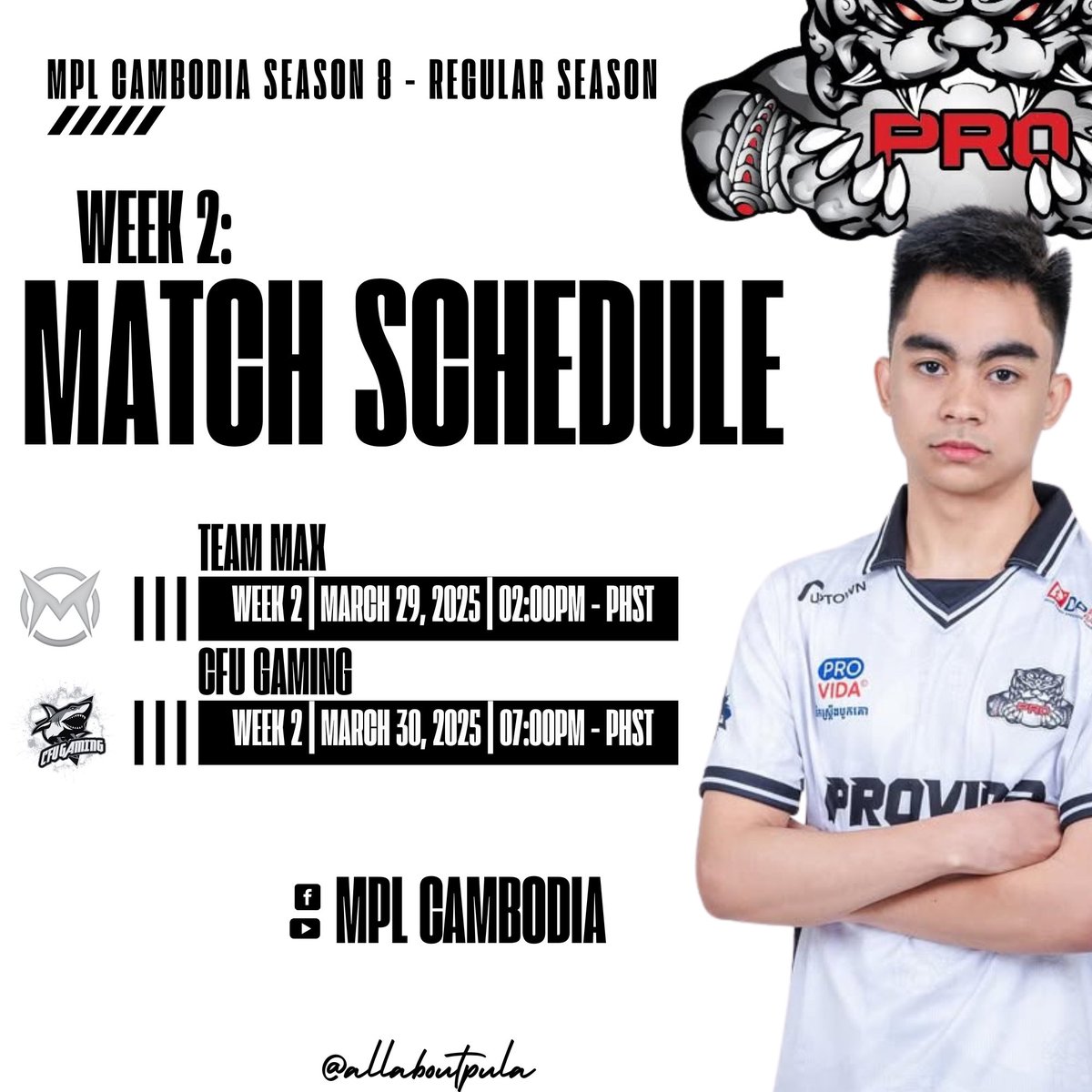 allaboutpula's tweet photo. WEEK 2 MATCH SCHEDULE 

Let’s support Super Red and Pro-Esports on their upcoming matches this week 2 🤍 https://t.co/Q0V1TfKkPQ