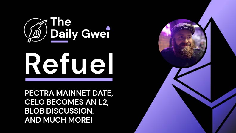 sassal.eth/acc π¦π (@sassal0x) on Twitter photo The latest <a href="/thedailygwei/">The Daily Gwei π¦π</a> Refuel is ready for your consumption! β½
Today's topics:
- Pectra mainnet date π
- Celo becomes an L2 π
- Blob discussion π€
- and much more β
Watch π
youtu.be/jFs-qcMQNo4 The latest <a href="/thedailygwei/">The Daily Gwei π¦π</a> Refuel is ready for your consumption! β½
Today's topics:
- Pectra mainnet date π
- Celo becomes an L2 π
- Blob discussion π€
- and much more β
Watch π
youtu.be/jFs-qcMQNo4