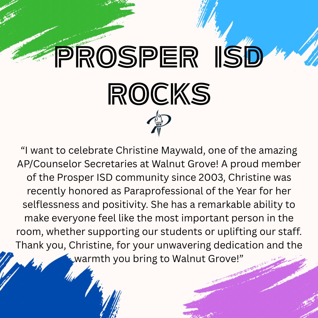 ⭐️⭐️ Christine Maywald ⭐️⭐️

Happy Friday! This week’s “Prosper ISD Rocks” shoutout goes to Christine Maywald, AP/Counselor Secretary at Walnut Grove.

Ms. Maywald, this recognition comes from a colleague who truly admires you. Thank you for everything you do for the students and