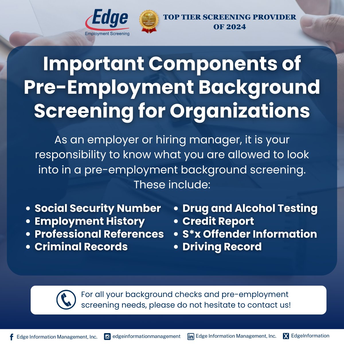 EdgeInformation's tweet image. A robust pre-employment background screening process confirms candidate information and detects potential risks.

Read our blog on the important components of pre-employment background screening for organizations.

🔗 tinyurl.com/2d7gwock

#PreemploymentScreening