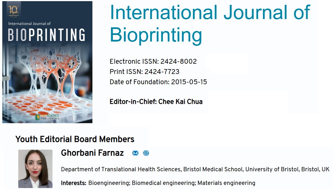 Farnaz Ghorbani (@farnaz23591) on Twitter photo Delighted to join the Youth Editorial Board of the
<a href="/IJB_ASP/">International Journal of Bioprinting - IJB</a> !
! This role reflects my ongoing commitment to advancing research in #biofabrication and supporting the next generation of innovation in #bioprinting. We are looking forward to receive your impactful work. Delighted to join the Youth Editorial Board of the
<a href="/IJB_ASP/">International Journal of Bioprinting - IJB</a> !
! This role reflects my ongoing commitment to advancing research in #biofabrication and supporting the next generation of innovation in #bioprinting. We are looking forward to receive your impactful work.