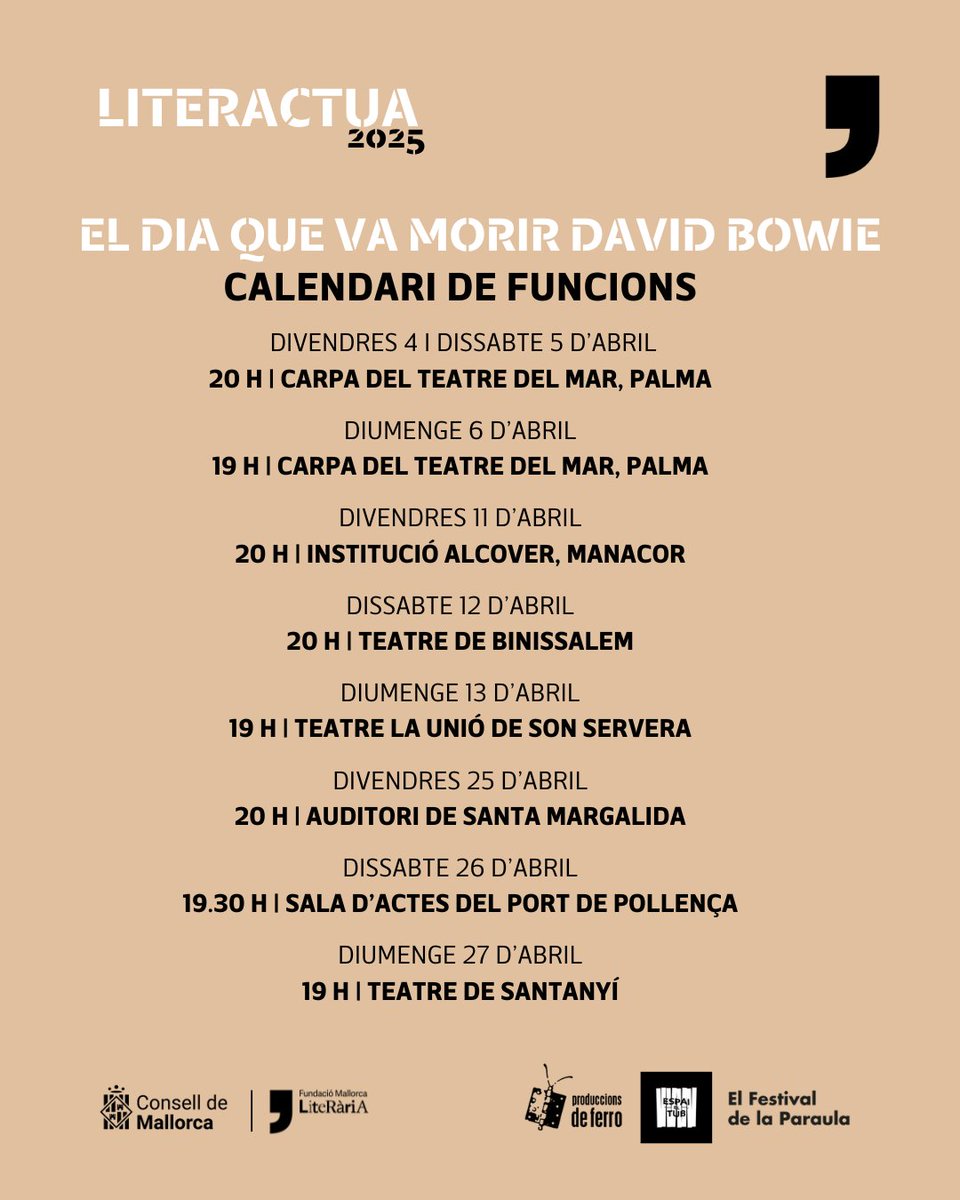 ⏳ Tic-tac, compte enrere per l'estrena d'"El dia que va morir David Bowie", l'adaptació de Pau Coya de la novel·la de <a href="/sebastiaportell/">Sebastià Portell</a> 🤍📚

La tercera i darrera proposta escènica de LITERACTUA 2025! <a href="/ProdDeFerro/">Produccions de Ferro</a> 

+ info i entrades 🎟️ mallorcaliteraria.cat/ca/fitxa-activ…