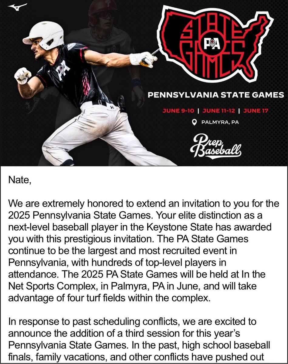 Thank you <a href="/PrepBaseballPA/">Prep Baseball Pennsylvania</a> for the invite to compete in the PA State Games this summer! 

<a href="/DanCevette/">Dan Cevette</a> 
<a href="/ocker_n/">Nathan Ocker</a>