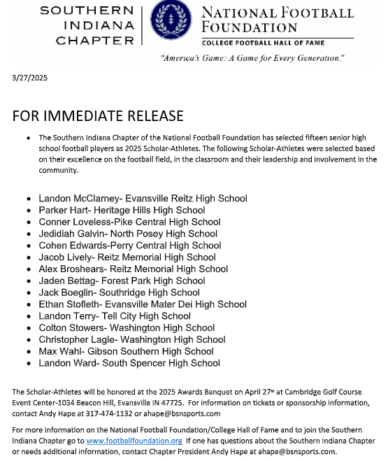 Kris Norton (@krisnortonradio) on Twitter photo Southern Indiana Chapter of the <a href="/NFFNetwork/">National Football Foundation</a> has announced 15 senior scholar-athletes
Forest Park - Jaden Bettag
Heritage Hills - Parker Hart
Perry Central - Cohen Edwards
Southridge - Jack Boeglin
South Spencer - Landon Ward
Tell City - Landon Terry
Full List: Southern Indiana Chapter of the <a href="/NFFNetwork/">National Football Foundation</a> has announced 15 senior scholar-athletes
Forest Park - Jaden Bettag
Heritage Hills - Parker Hart
Perry Central - Cohen Edwards
Southridge - Jack Boeglin
South Spencer - Landon Ward
Tell City - Landon Terry
Full List: