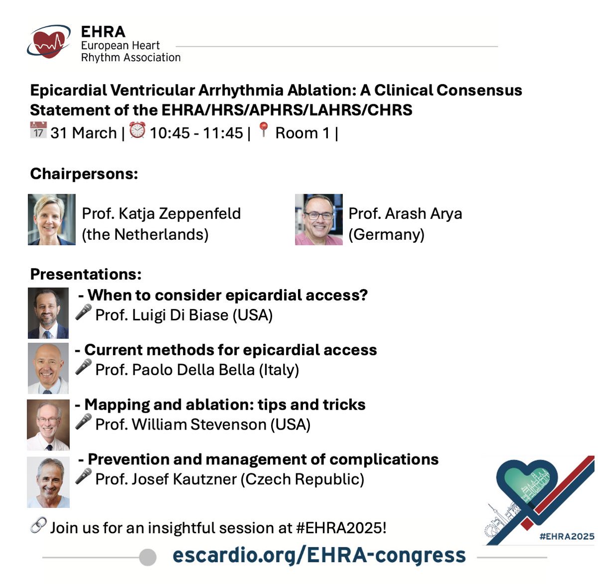 Alireza Sepehri Shamloo (@shamloosepehri) on Twitter photo The Consensus Statement on Epicardial Ventricular Arrhythmia Ablation of the EHRA/HRS/APHRS/LAHRS/CHRS
launches LIVE at #EHRA2025!
🚪Get in early for first access to global expert insights.
This is the session you don’t want to miss. <a href="/ArashArya_EP/">Arash Arya</a> <a href="/LuigiDiBiaseMD/">Luigi Di Biase</a> <a href="/EHRAPresident/">EHRAPresident</a> The Consensus Statement on Epicardial Ventricular Arrhythmia Ablation of the EHRA/HRS/APHRS/LAHRS/CHRS
launches LIVE at #EHRA2025!
🚪Get in early for first access to global expert insights.
This is the session you don’t want to miss. <a href="/ArashArya_EP/">Arash Arya</a> <a href="/LuigiDiBiaseMD/">Luigi Di Biase</a> <a href="/EHRAPresident/">EHRAPresident</a>