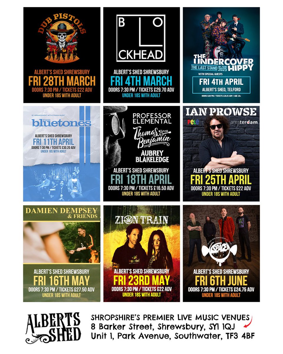 Hitting the Shed in the coming months: Dub Pistols, The Blockheads, The Undercover Hippy, The Bluetones, Professor Elemental with Thomas Benjamin Wild Esq. &amp; Aubrey Blakeledge, Ian Prowse &amp; Amsterdam, Damien Dempsey and friends, Zion Train and SPACE the Band Official -link in bio