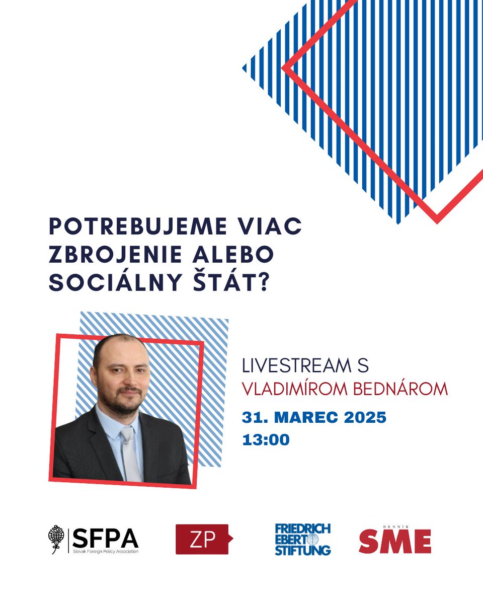 SFPA (@sfpa_sk) on Twitter photo Európske štáty masívne zvyšujú výdavky na obranu. Použiť na to budú môcť až 800 miliárd eur. Slovensko sa zdráha výraznejšie zbrojiť, pretože nechce ohroziť sociálny štandard obyvateľov.
Je to racionálny postoj? Odpovede ponúkne bezpečnostný analytik Vladimír Bednár. Európske štáty masívne zvyšujú výdavky na obranu. Použiť na to budú môcť až 800 miliárd eur. Slovensko sa zdráha výraznejšie zbrojiť, pretože nechce ohroziť sociálny štandard obyvateľov.
Je to racionálny postoj? Odpovede ponúkne bezpečnostný analytik Vladimír Bednár.