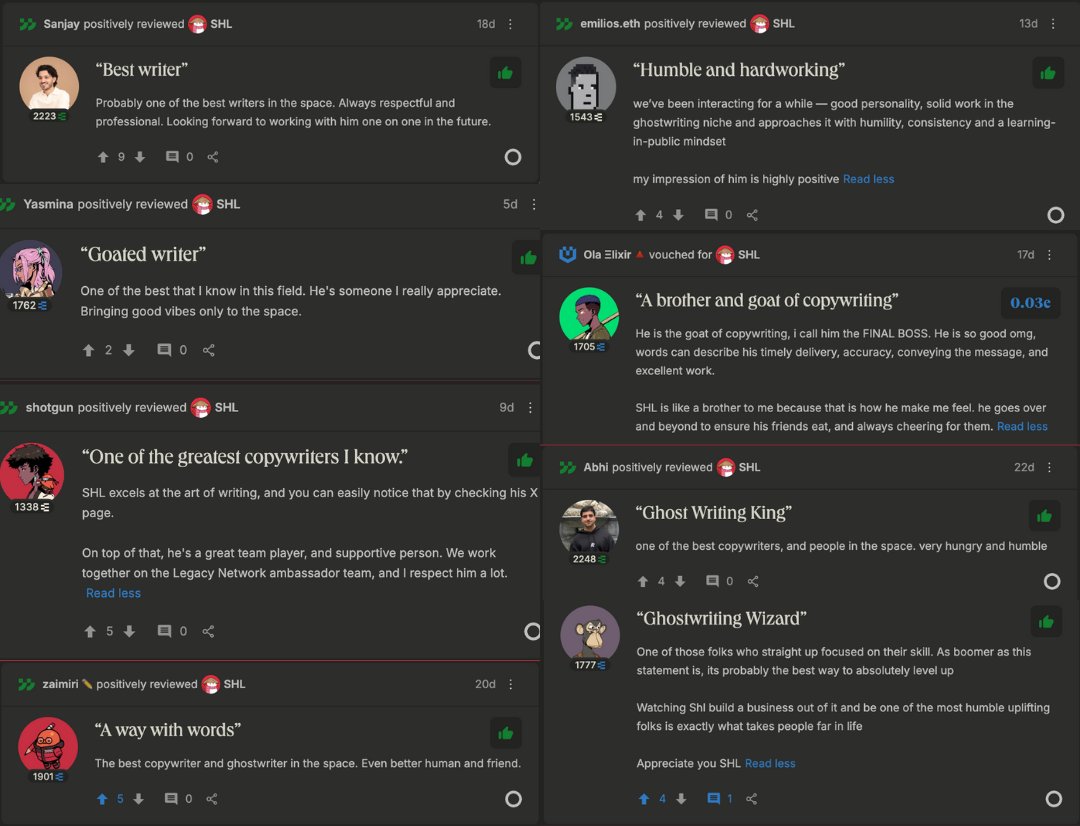 SHL_eth's tweet image. It’s a different kind of feeling when people vouch for your work as a ghostwriter.
I've been writing for founders, creators, and leading brands in this space for almost 2 years now
Worked with over 60+ in that time—and moments like these, where people recognise the value I…