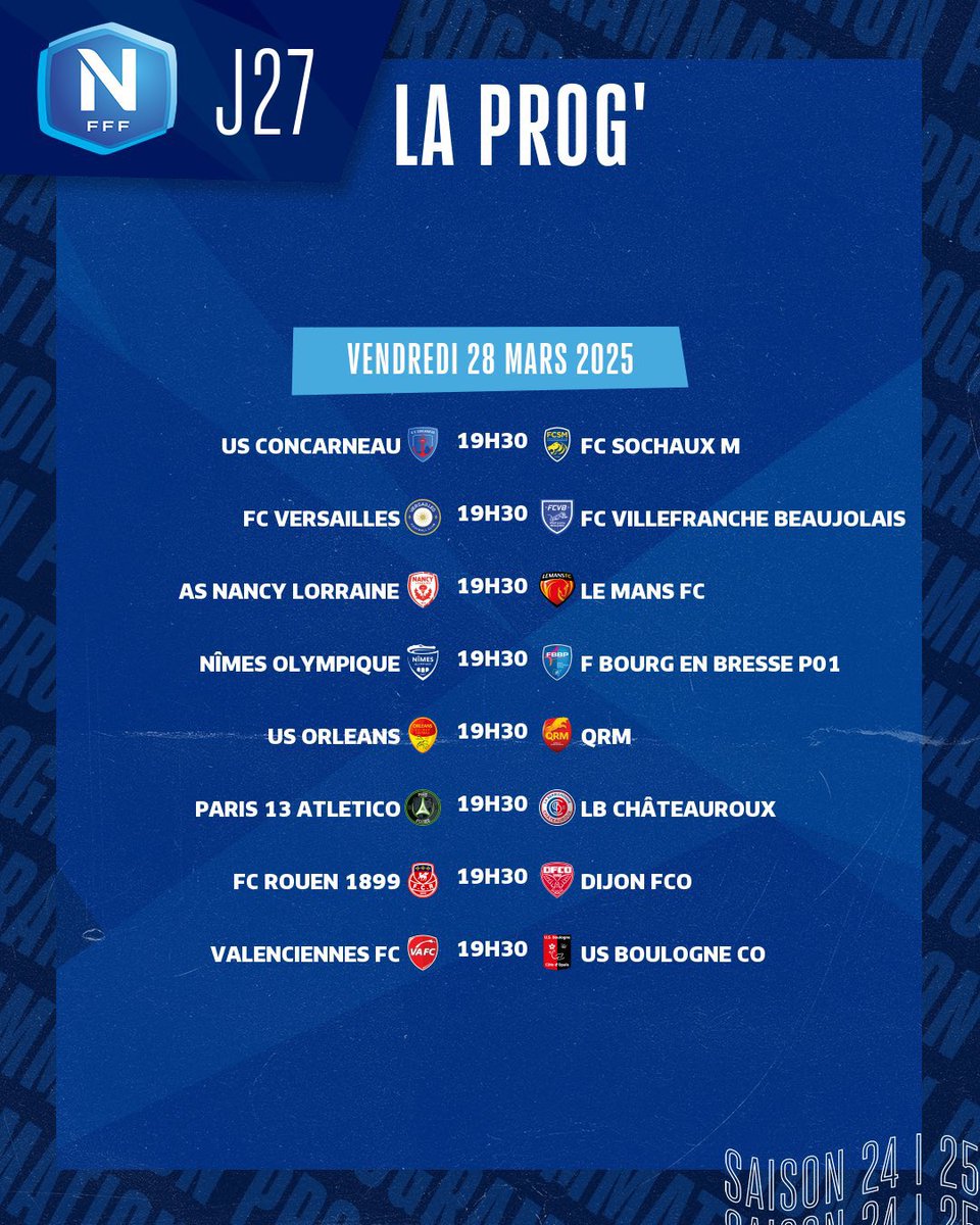 👉🏻 Le programme de la 27e journée de <a href="/NationalFFF/">Championnat National</a> qui se joue ce soir. Aubagne est exempt.