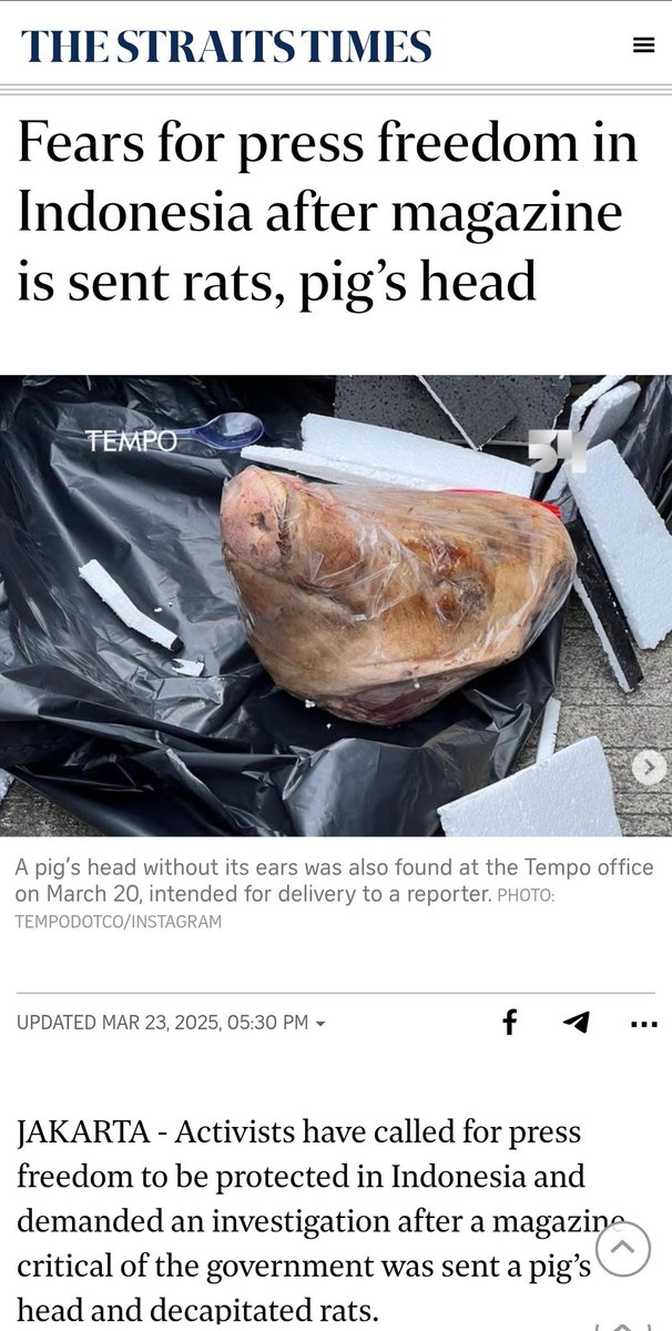Teror kiriman kepala babi dan bangkai tikus tanpa kepala kepada Tempo, sudah jadi perhatian media2 mainstream internasional.