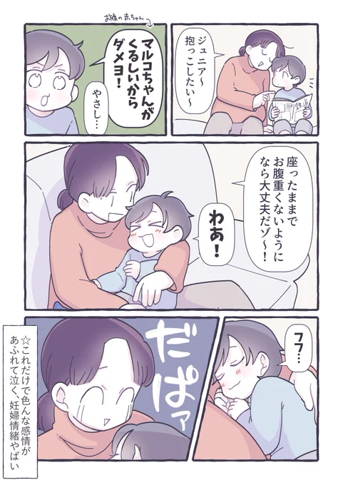 妊娠中の。
いっぱい抱っこしたな、腕におさまるサイズだったのにな、ずっと抱っこじゃないと寝なかったな、いつの間に離れて眠れるようになったの、お腹の子を心配できるくらい大きくなったの…とか走馬灯みたいだったわ 