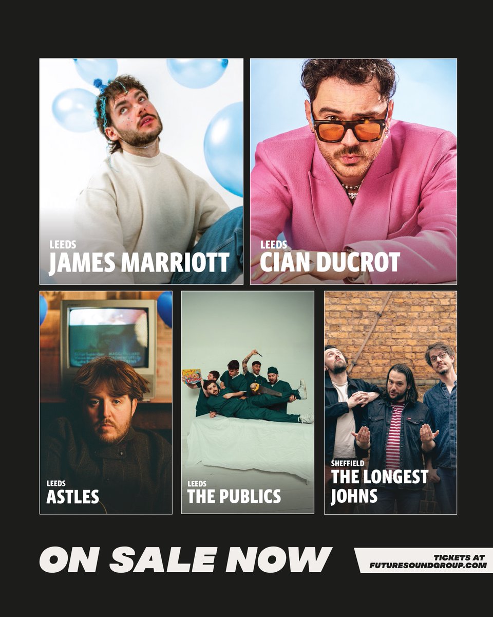 Futuresound (@futuresoundshow) on Twitter photo ON SALE NOW! New shows with <a href="/JamesMarriottYT/">James Marriott</a> , <a href="/Cian_ducrot/">Cian Ducrot</a>, <a href="/astlesmusic/">Astles</a>, <a href="/ThePublicsBand/">The Publics</a>, and <a href="/TheLongestJohns/">The Longest Johns</a>!
🎟️ futuresound.seetickets.com ON SALE NOW! New shows with <a href="/JamesMarriottYT/">James Marriott</a> , <a href="/Cian_ducrot/">Cian Ducrot</a>, <a href="/astlesmusic/">Astles</a>, <a href="/ThePublicsBand/">The Publics</a>, and <a href="/TheLongestJohns/">The Longest Johns</a>!
🎟️ futuresound.seetickets.com