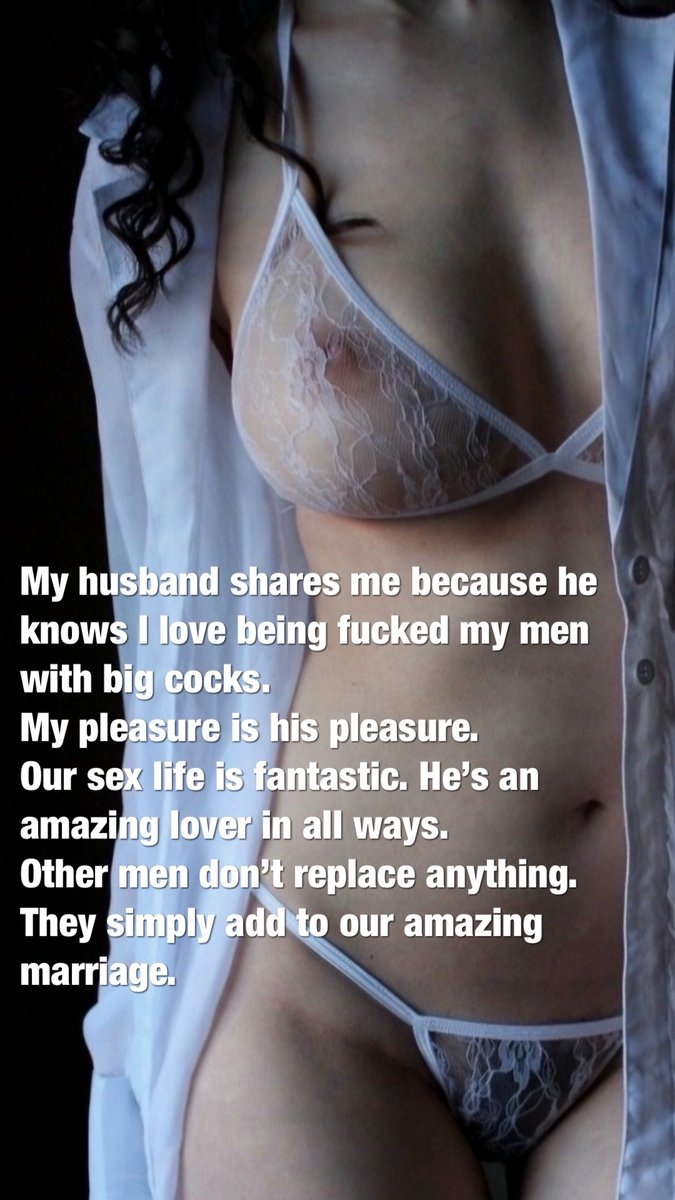 "Meu marido me divide, porque sabe que eu adoro foder com homens pauzudos. 
Meu prazer é o prazer dele.
Nosso sexo é fantástico. 
Ele é um amante incrível em todos os sentidos.
Outros homens não substituem nada.
Eles simplesmente somam no nosso casamento maravilhoso!"

Perfeito!