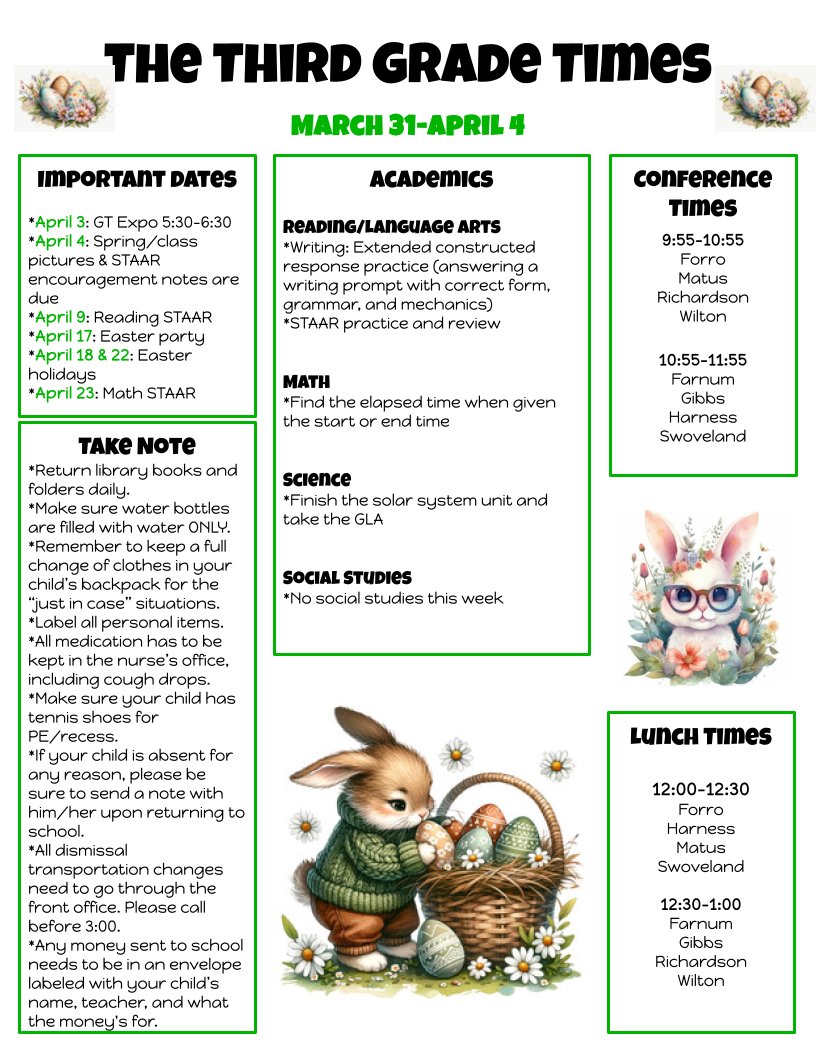 Here's what we will be learning next week. Remember spring/class pictures are April 4. Proofs will be sent home for individual pictures, but payment for class pictures is due on April 4. Don't forget that STAAR notes of encouragement are also due on the 4th. #RobinsonISD <a href="/ElemRob/">Robinson Elementary</a>