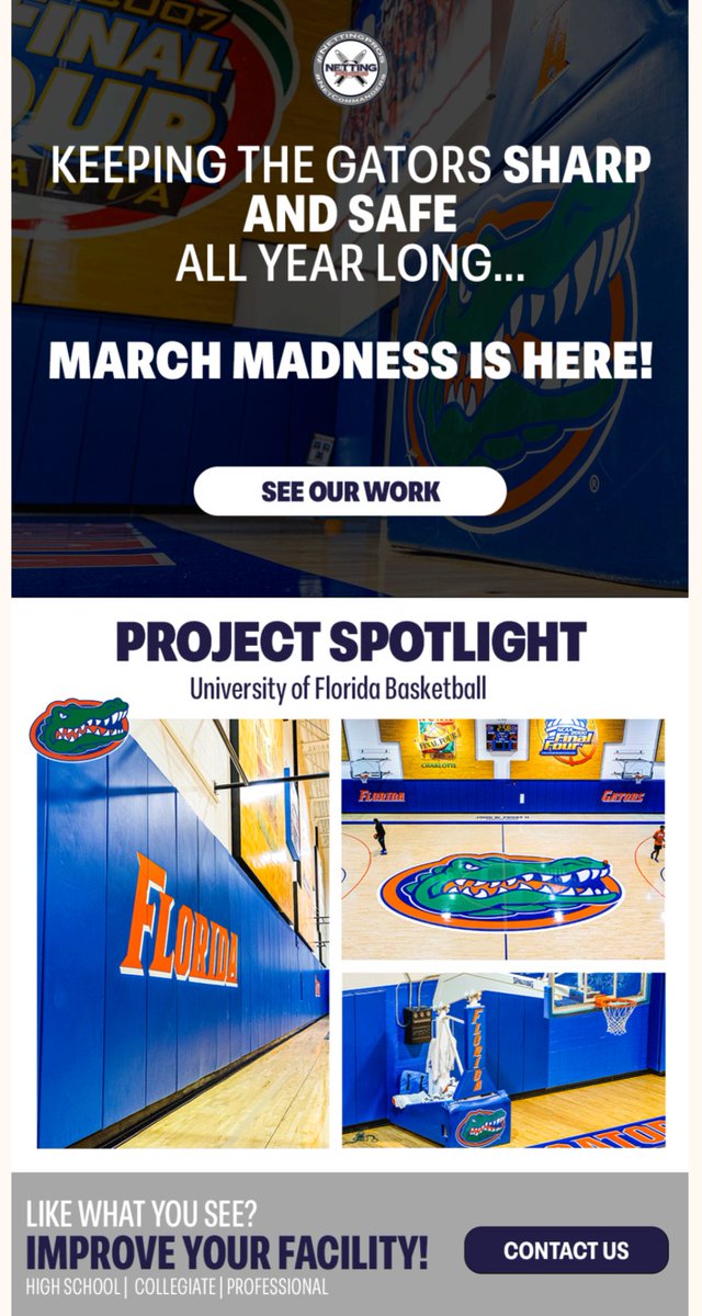 🏀 Congratulations to the University of Florida <a href="/GatorsMBK/">Florida Gators Men’s Basketball</a> 🐊 team (and our customer for Indoor Wall Padding)... Heading to the Elite 8!

🏀 Stadionic is Making Sports Facilities Iconic! Stadionic is the sister brand of Netting Professionals. 

🏀 Check out our Stadionic website