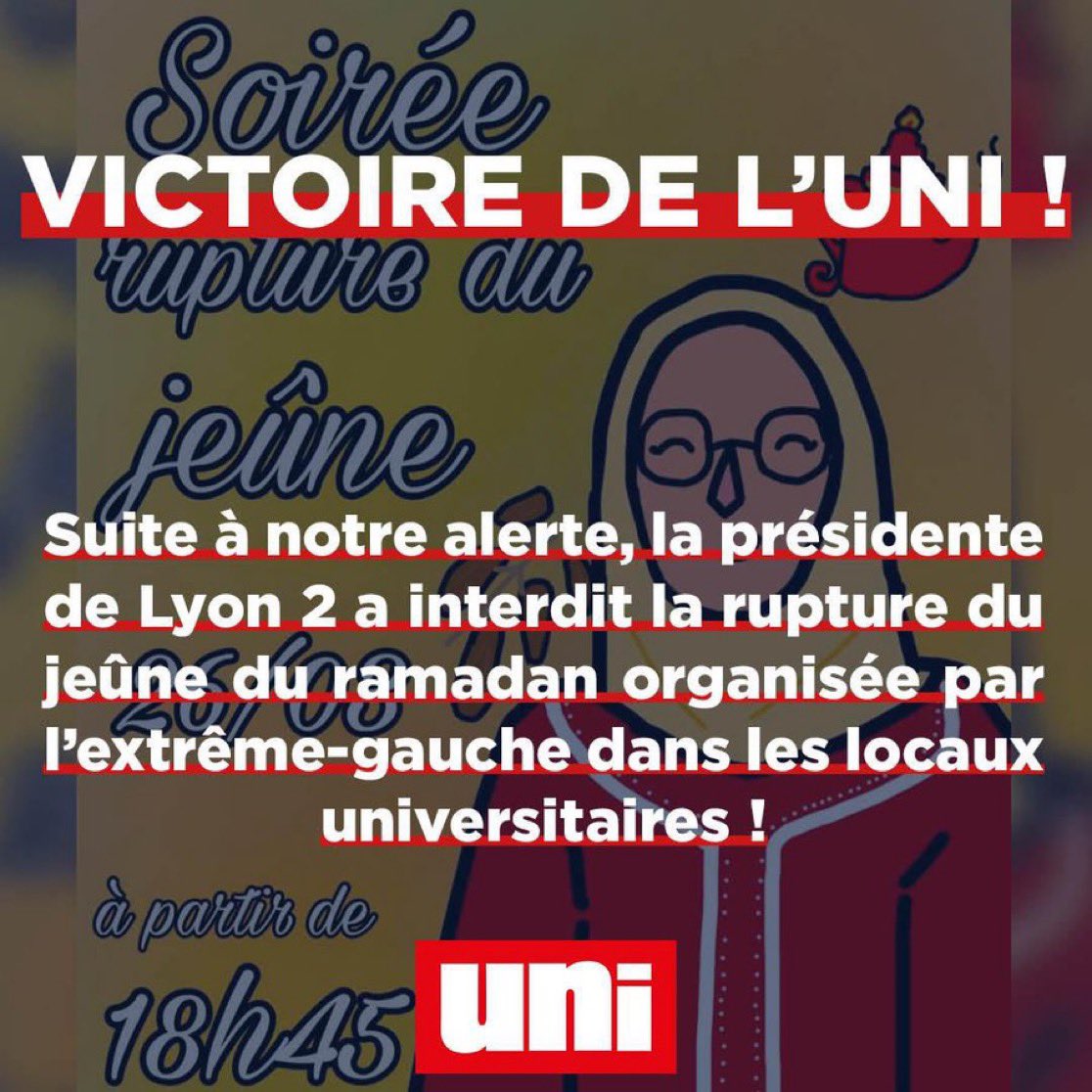 Frontieresmedia's tweet photo. 🚨 VICTOIRE DE L’UNI

L’association étudiante a réussi à obtenir l’interdiction de la rupture du jeûne du Ramadan au sein de l’université Lyon 2. @droiteuniv https://t.co/5FJBFiy46q