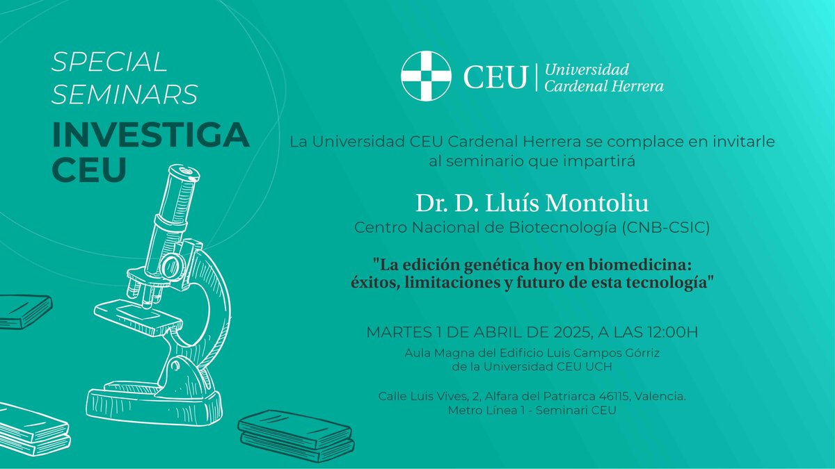 Ciencia CEU UCH (@cienciauchceu) on Twitter photo El martes en los Special Seminar <a href="/uchceu/">Universidad CEU UCH</a> recibimos a <a href="/LluisMontoliu/">Lluis Montoliu</a>, investigador del <a href="/CNB_CSIC/">Centro Nacional de Biotecnología (CSIC)</a>, para contarnos innovaciones en edición #genética con las herramientas #CRISPR, sus éxitos y también sus riesgos en Biomedicina y Biotecnología
📍Martes, 12h A Magna Edif Campos Górriz El martes en los Special Seminar <a href="/uchceu/">Universidad CEU UCH</a> recibimos a <a href="/LluisMontoliu/">Lluis Montoliu</a>, investigador del <a href="/CNB_CSIC/">Centro Nacional de Biotecnología (CSIC)</a>, para contarnos innovaciones en edición #genética con las herramientas #CRISPR, sus éxitos y también sus riesgos en Biomedicina y Biotecnología
📍Martes, 12h A Magna Edif Campos Górriz