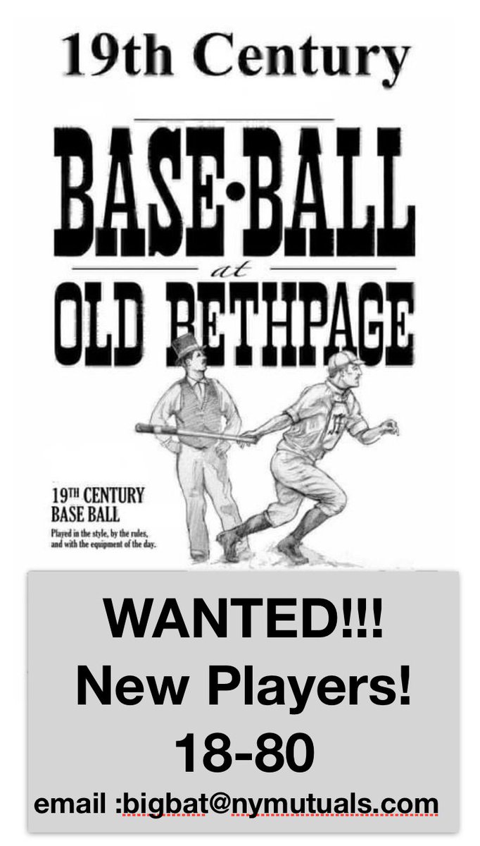 kelleysp2's tweet photo. Anyone interested in playing base ball... 1864 rules?!? Open practice on April 6 and April 12 at OBVR, Long Island, NY. Anyone and everyone is welcome to come down to try it out. If you enjoy, we have 4 teams and games every Sunday at 11am during the summer. https://t.co/IQrnHDOT9B