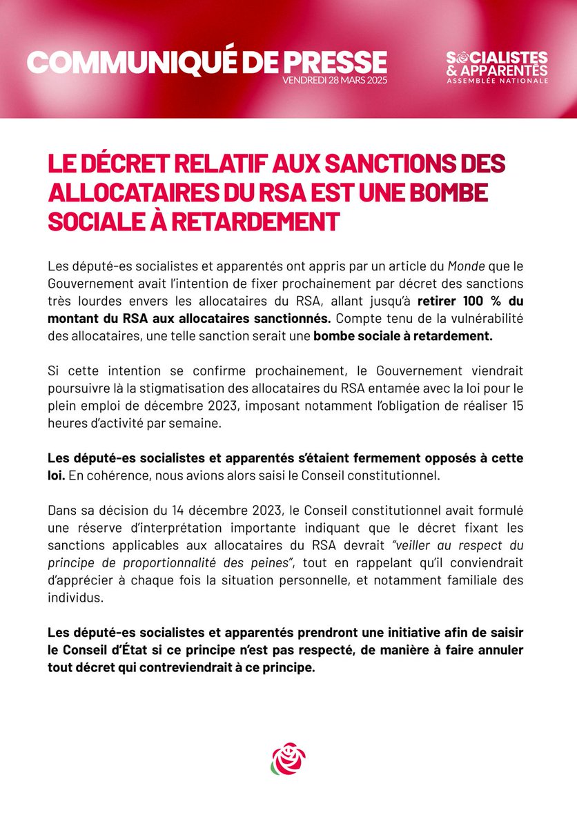 🚨 Le décret envisagé par le Gouvernement sur les sanctions des allocataires du RSA est une bombe sociale à retardement !

Si le principe de proportionnalité des peines n'est pas respecté, nous prendrons une initiative afin de saisir le Conseil d’État.

→ parti-socialiste.fr/decret_relatif…