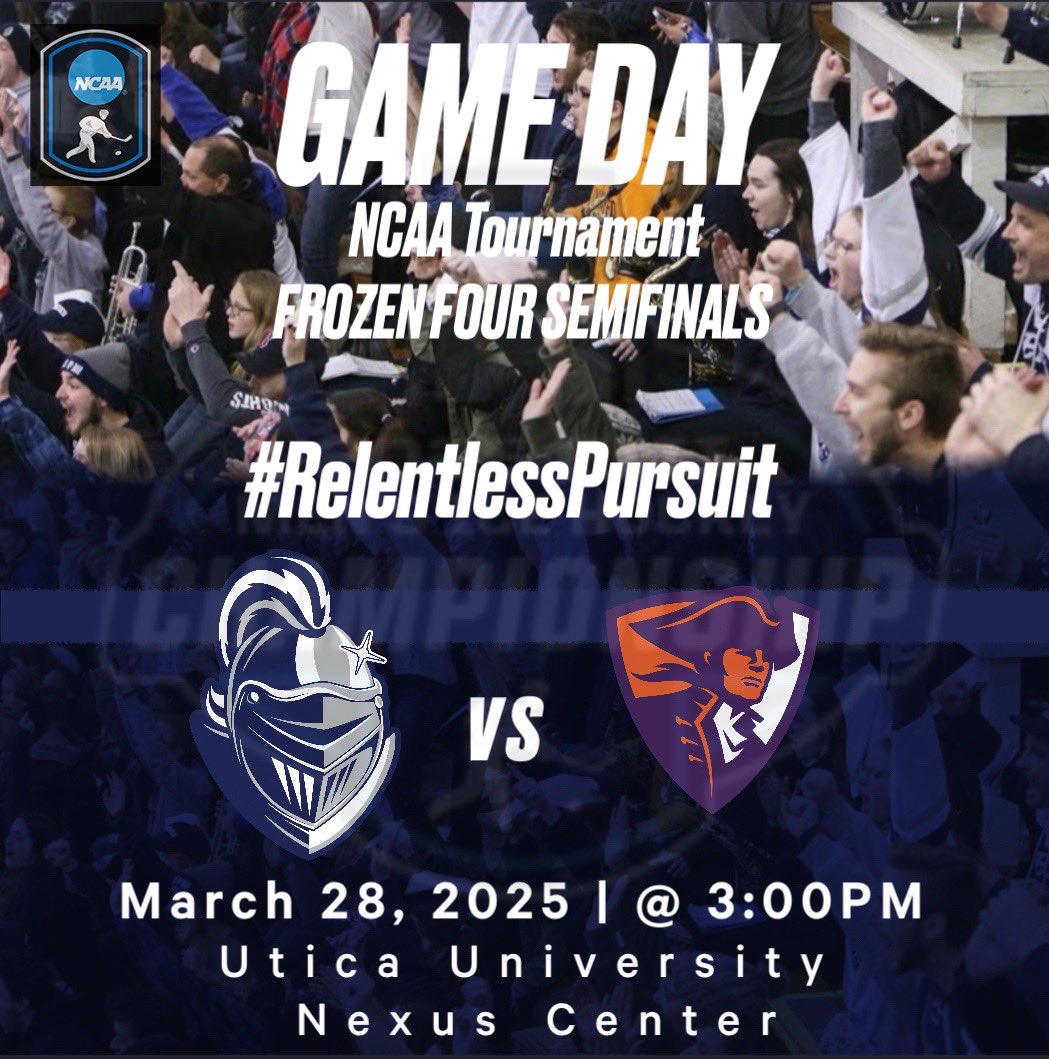 GAME DAY | NCAA Tournament FROZEN FOUR (Semifinals): Our journey continues… Meet and exceed our standard. Winner moves on to the National Championship. 3:00pm puck drop. Let’s Go!! #bethestorm #relentlesspursuit #OneKnight