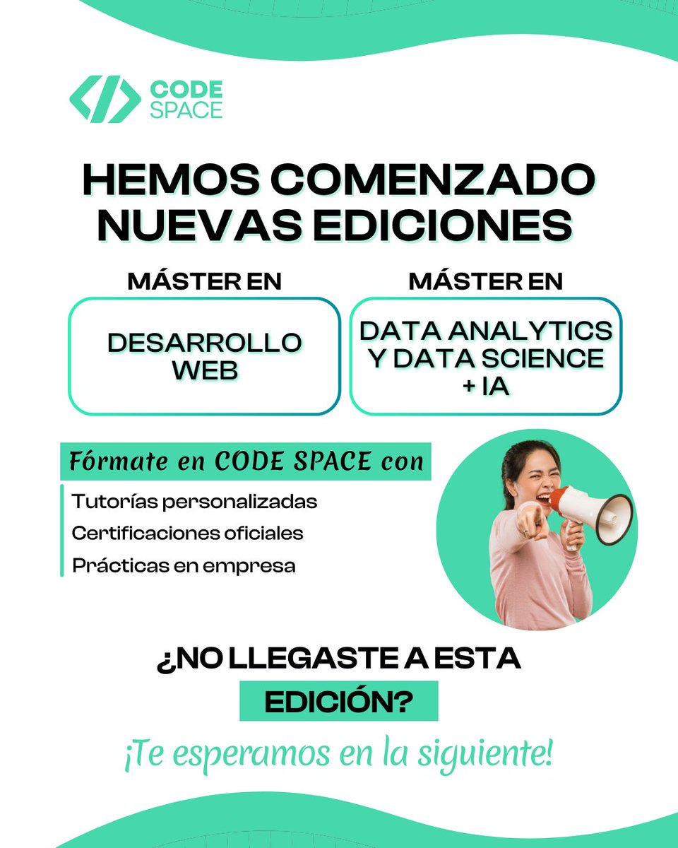 🚀 ¡La aventura ya comenzó! ¿Te unes a la próxima?

Las nuevas ediciones de nuestros cursos de Desarrollo Web y Data Analytics ya están en marcha… 

🎓 Certificaciones oficiales
👨‍🏫 Tutorías personalizadas
🏢 Prácticas en empresa

🚨 ¡Próxima edición!  🔗 bit.ly/nuevosatr
