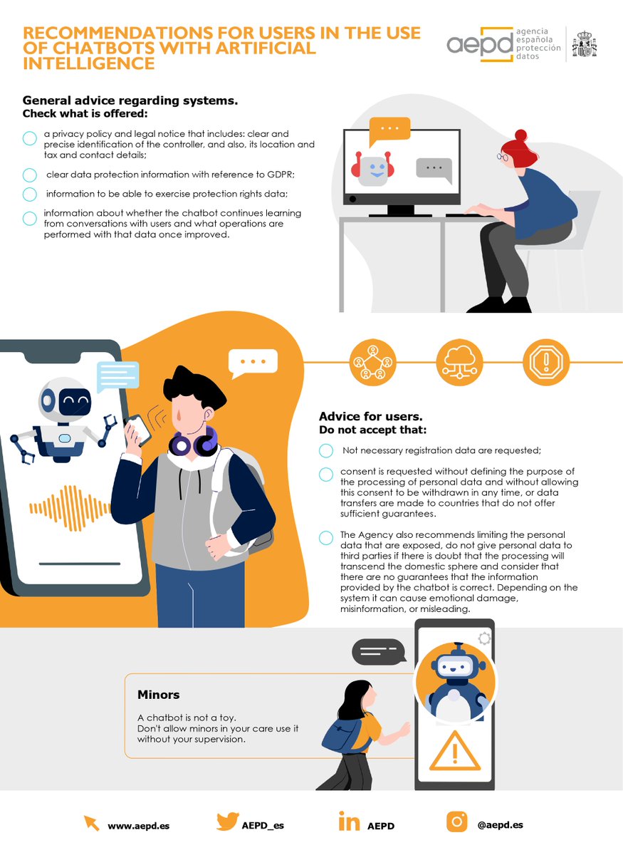 AEPD_es's tweet photo. Cuando vayas a usar un chatbot con inteligencia artificial:

❌ No aceptes datos de registro innecesarios
✍🏼 No des tu consentimiento sin saber para qué se utilizarán los datos
👤 Limita los datos personales que expones

Más información: https://t.co/nYjQEPtKJq https://t.co/qWhTclO1gf