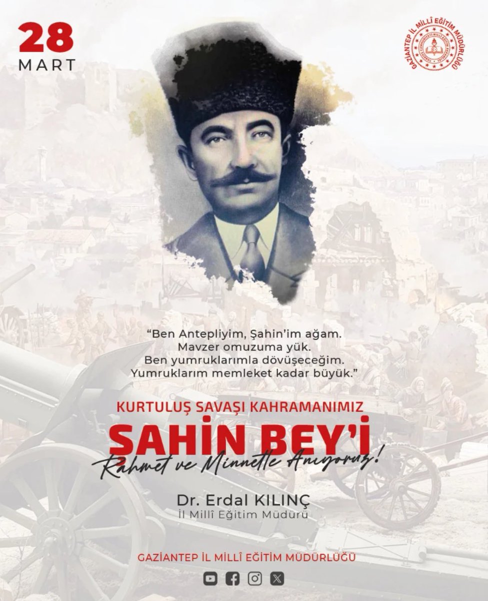 Gazi şehrin minnet anıtı, yumrukları memleket kadar büyük Şahin Bey'i şehitlik mertebesi ile Hakk'a yürüyüşünün 105. yıl dönümünde rahmet ve şükranla anıyoruz.🇹🇷🇹🇷🇹🇷