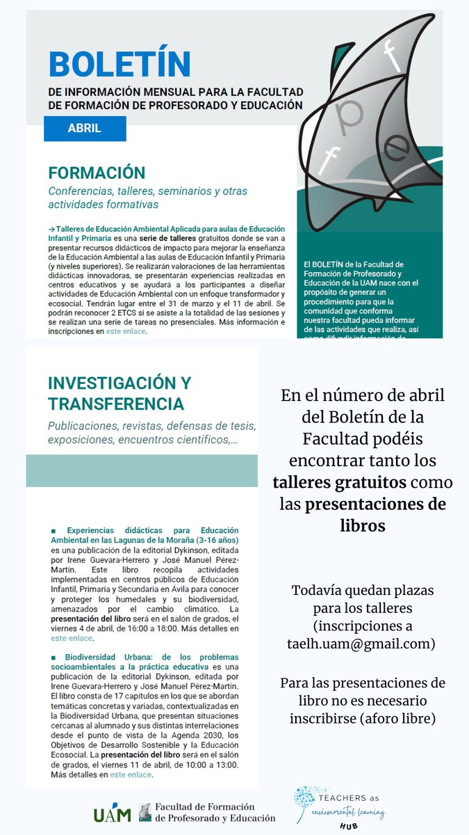 Teachers as Environmental Learning Hub (@taelh_uam) on Twitter photo ‼️En el Boletín de Información Mensual de la Facultad de Formación de Profesorado y Educación <a href="/FaculEDUAM/">FACULTAD DE FORMACIÓN DEL PROFESORADO Y EDUCACIÓN</a> tenéis toda la información sobre los talleres gratuitos y presentaciones de libros 👩🏻🏫🧑🏼🏫 ¡No os lo podéis perder! 🙌🏼
<a href="/stuartuam/">Jose Manuel Pérez</a> @NuriaFdezHuetos <a href="/esquivel_uam/">Tamara Esquivel</a> <a href="/iguevara_uam/">Irene Guevara Herrero</a> ‼️En el Boletín de Información Mensual de la Facultad de Formación de Profesorado y Educación <a href="/FaculEDUAM/">FACULTAD DE FORMACIÓN DEL PROFESORADO Y EDUCACIÓN</a> tenéis toda la información sobre los talleres gratuitos y presentaciones de libros 👩🏻🏫🧑🏼🏫 ¡No os lo podéis perder! 🙌🏼
<a href="/stuartuam/">Jose Manuel Pérez</a> @NuriaFdezHuetos <a href="/esquivel_uam/">Tamara Esquivel</a> <a href="/iguevara_uam/">Irene Guevara Herrero</a>