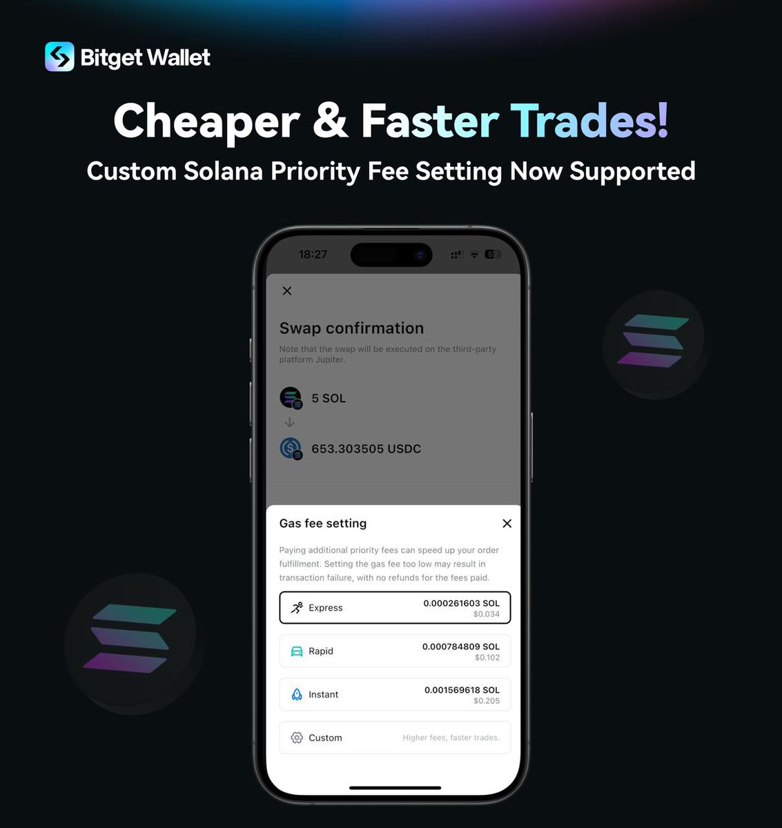 Trade Solana tokens faster & cheaper ⚡️ @solana Now you can set custom  priority fees for Solana chain trades on Bitget Wallet! Tweak fees to  optimize speed vs cost for the smoothest