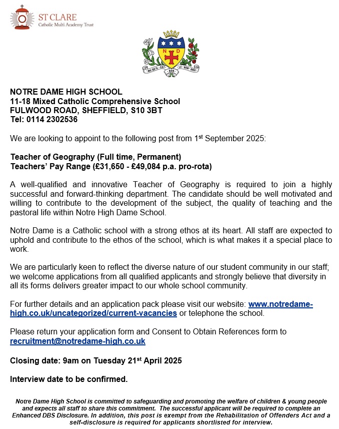 We currently have an exciting #jobopportunity for a Teacher of Geography to join our school. For further information and to apply please visit notredame-high.co.uk Closing date 9am on Tuesday 22nd April 2025.