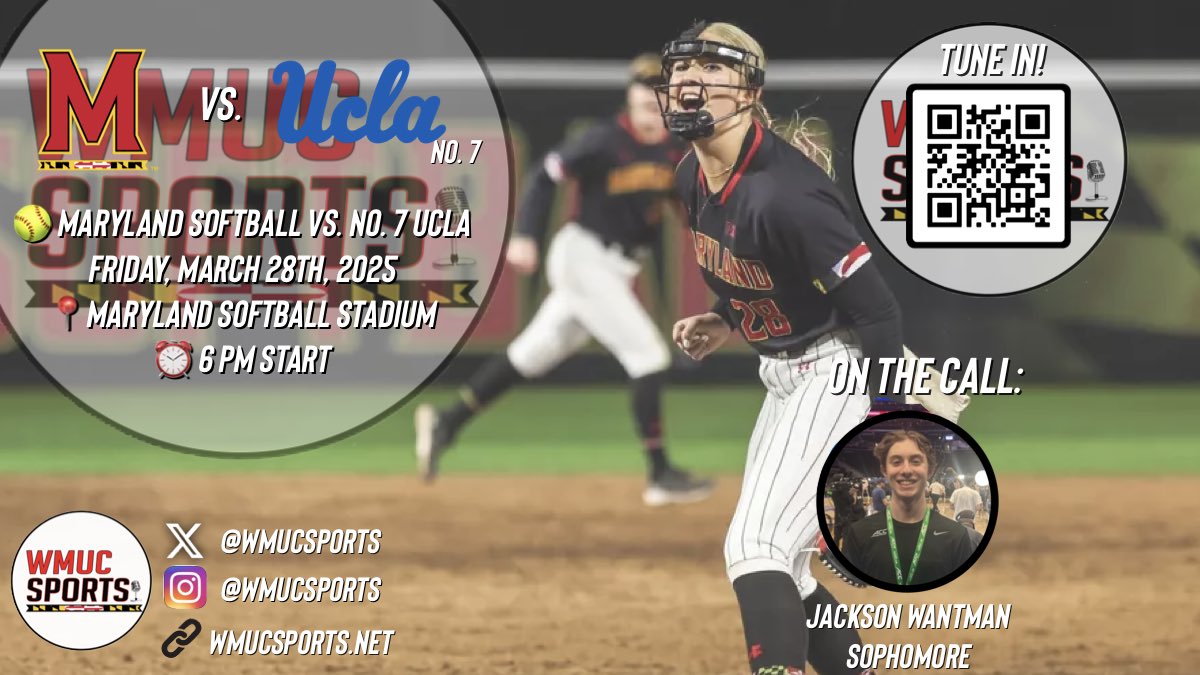 WMUC Sports (@wmucsports) on Twitter photo B1G series for Terps softball! Maryland hosts the first of three straight against UCLA, looking for its first wins over the Bruins in program history
🥎: <a href="/TerpsSoftball/">Maryland Softball</a> vs. No. 7 <a href="/UCLASoftball/">UCLA Softball</a>
⏰ 6 PM
📍 Maryland Softball Stadium
🎙️<a href="/WantmanJackson/">Jackson Wantman</a>
📻 wmucsports1.mixlr.com B1G series for Terps softball! Maryland hosts the first of three straight against UCLA, looking for its first wins over the Bruins in program history
🥎: <a href="/TerpsSoftball/">Maryland Softball</a> vs. No. 7 <a href="/UCLASoftball/">UCLA Softball</a>
⏰ 6 PM
📍 Maryland Softball Stadium
🎙️<a href="/WantmanJackson/">Jackson Wantman</a>
📻 wmucsports1.mixlr.com