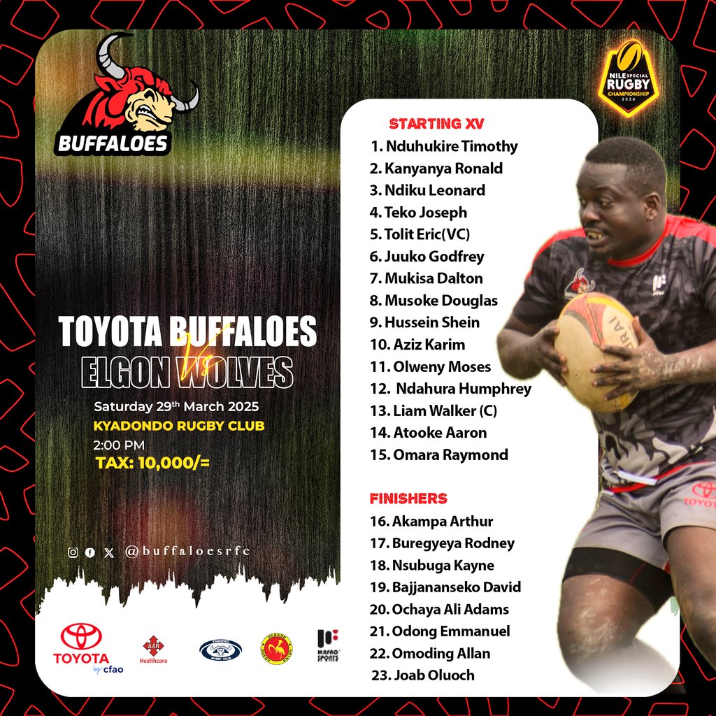 Buffaloes Rugby Club (@buffaloesrfc) on Twitter photo #ToyotaBuffaloes are back home this weekend <a href="/Kyadondo_Rugby/">Kyadondo Rugby Football Club</a>
Game Week_11, of the #URP2025 is against <a href="/elgonwolvesrfc/">Elgon Wolves RFC</a>
Kick off is at 2:00PM
Douglas Musoke,
Allan Omoding and Aziz Karim are all back in team_1
#KyadondoIsHome
#HarderStrongerForLonger
#OneTeamOneSpiritOneWin #ToyotaBuffaloes are back home this weekend <a href="/Kyadondo_Rugby/">Kyadondo Rugby Football Club</a>
Game Week_11, of the #URP2025 is against <a href="/elgonwolvesrfc/">Elgon Wolves RFC</a>
Kick off is at 2:00PM
Douglas Musoke,
Allan Omoding and Aziz Karim are all back in team_1
#KyadondoIsHome
#HarderStrongerForLonger
#OneTeamOneSpiritOneWin